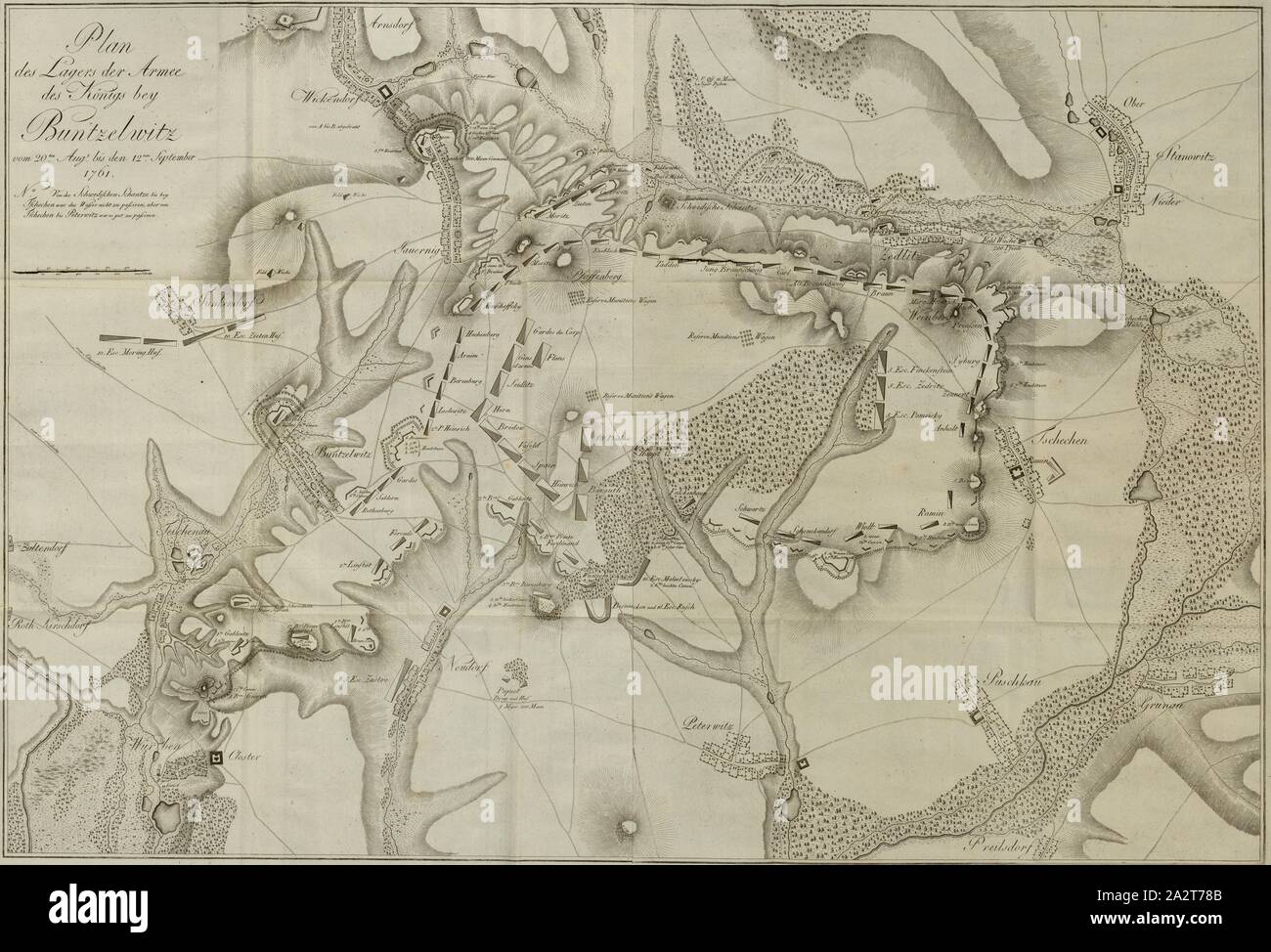 Plan des Lagers von des Königs Armee bei Buntzelwitz, Plan des Preußischen Lager in Bunzelwitz vom 20. August bis September 12, 1761, Abb. 1, S. 383, Georg Friedrich von Tempelhoff, Henry Lloyd: Geschichte des Siebenjährigen Krieges in Deutschland zwischen dem Könige von Preussen und der Kaiserin Königin mit Stand Alliirten vom Allgemeinen Lloyd. Als eine Fortsetzung der Geschichte des Allgemeinen Lloyd. Bd. 1, Bl. 5. Berlin: Gedrukt und verlegt von Johann Friedrich Unger, 1794 Stockfoto