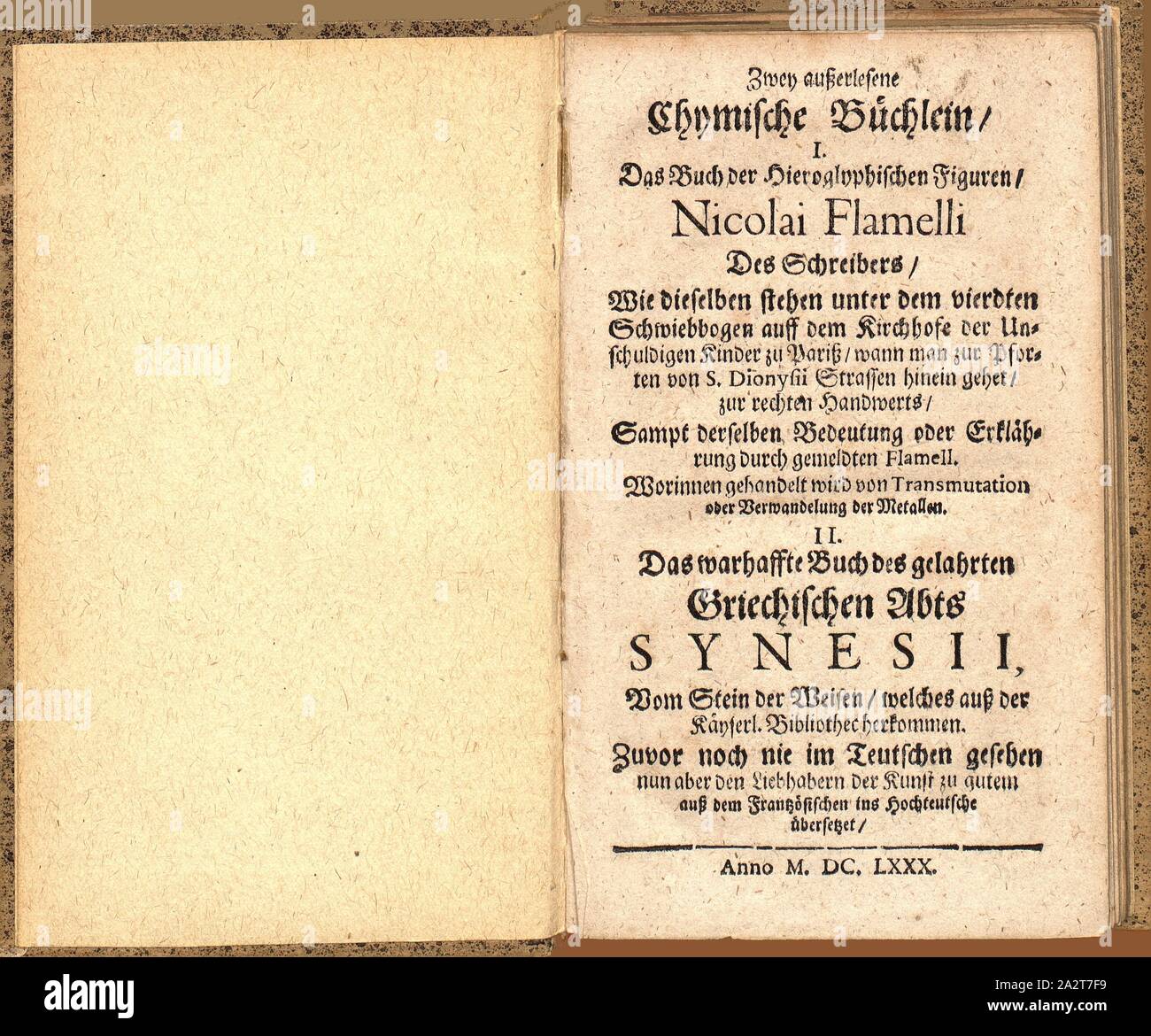 Titel der Seite, Titel Seite von Zwey vorbehalten Chymische Büchlein, Titelseite, vor S. 1, Nicolas Flamel (accidebat), 1680, Nicolas Flamel: Zwey ausserlesene chymische Büchlein. [...] Sampling-funktionen noch nie im Teutschen Nonne gesehen aber den Liebhabern der Kunst zu gutem auss dem Frantzösischen ins Hochteutsche übersetzet. [S.l.] : [s.n.], 1680 Stockfoto