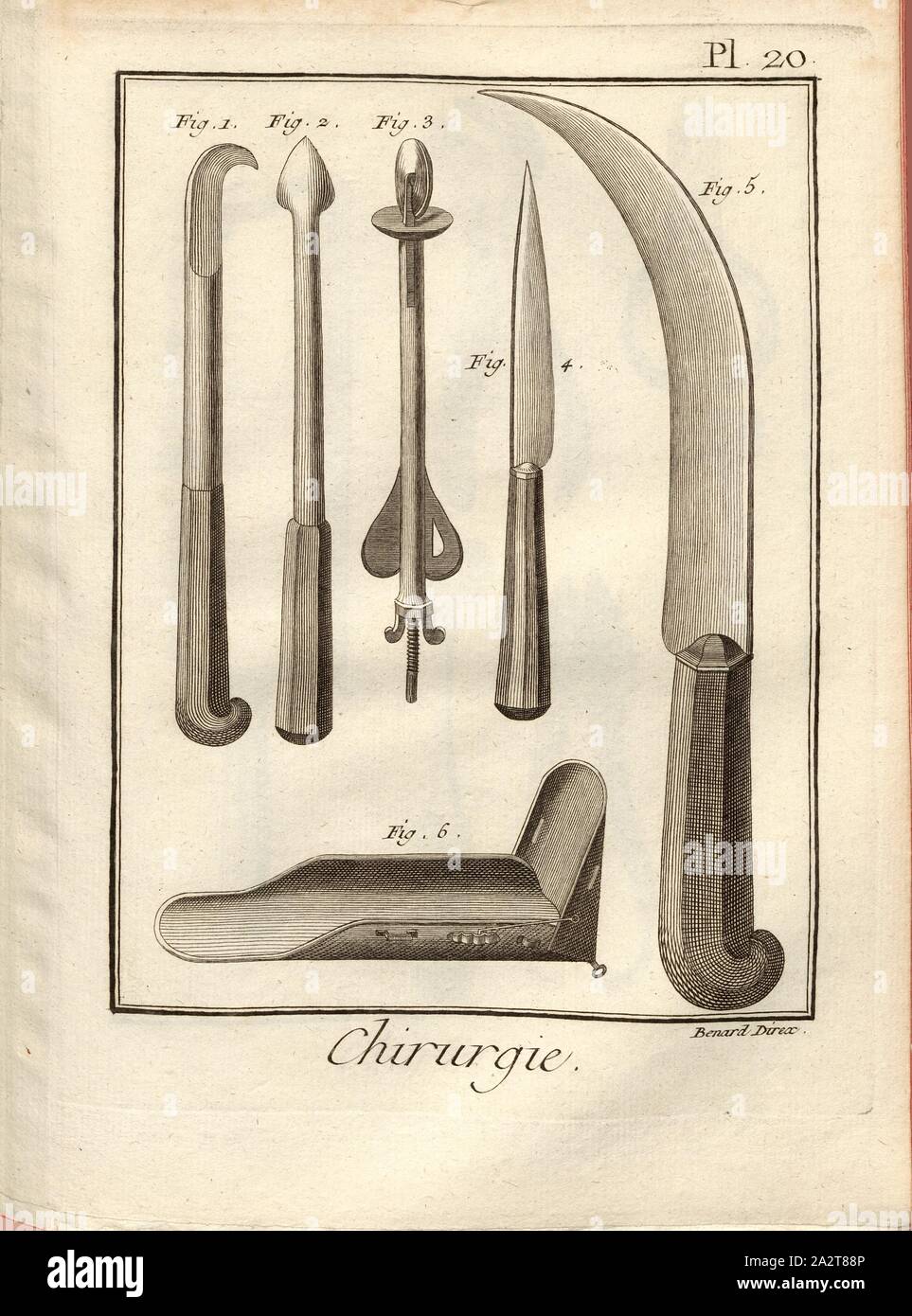 Chirurgie 17, medizinische Instrumente, unterzeichnet: Benard direx, PL. 20, S. 48, Benard (dir.), 1778, Denis Diderot; M. d'Alembert: Encyclopédie, ou Wörterbuch raisonné des Sciences, des Arts et des métierss, des Arts et des métiers. Genève: chez Pellet, MDCCLXXVIII [1778 Stockfoto