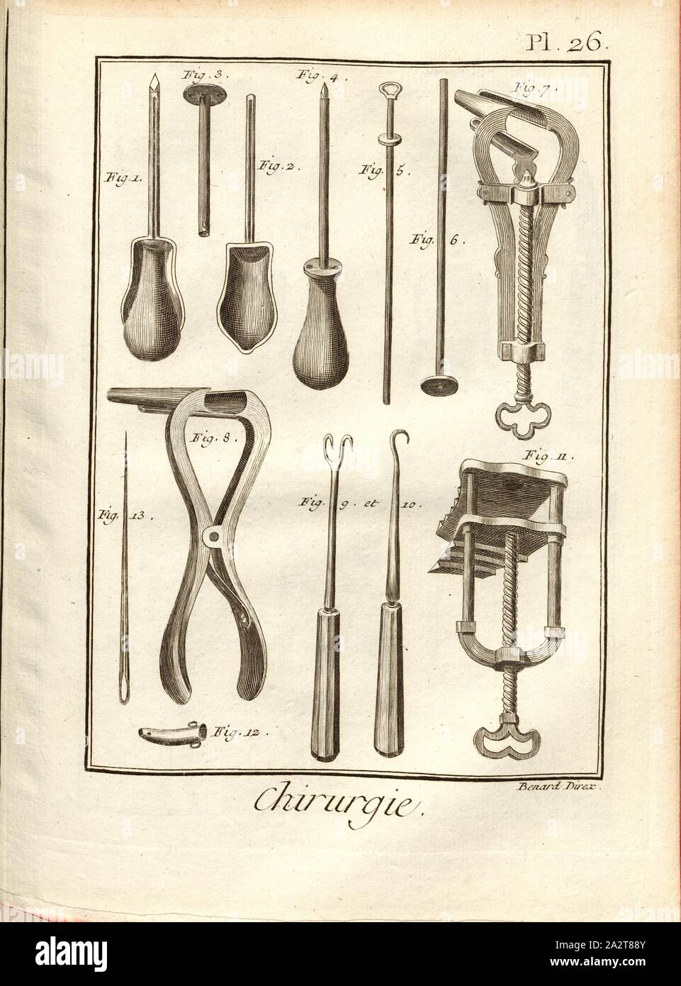 Chirurgie 22, medizinische Instrumente, unterzeichnet: Benard direx, PL. 26, S. 48, Benard (dir.), 1778, Denis Diderot; M. d'Alembert: Encyclopédie, ou Wörterbuch raisonné des Sciences, des Arts et des métierss, des Arts et des métiers. Genève: chez Pellet, MDCCLXXVIII [1778 Stockfoto