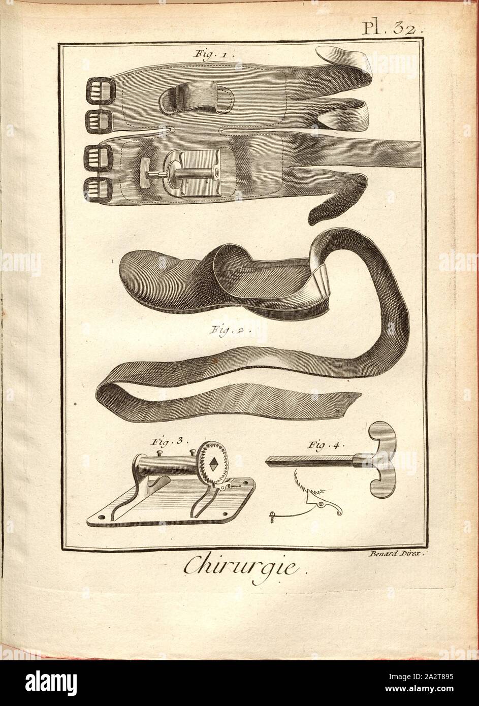 Chirurgie 28, medizinische Geräte für die Achillessehne, unterzeichnet: Benard direx, PL. 32, S. 48, Benard (dir.), 1778, Denis Diderot; M. d'Alembert: Encyclopédie, ou Wörterbuch raisonné des Sciences, des Arts et des métierss, des Arts et des métiers. Genève: chez Pellet, MDCCLXXVIII [1778 Stockfoto