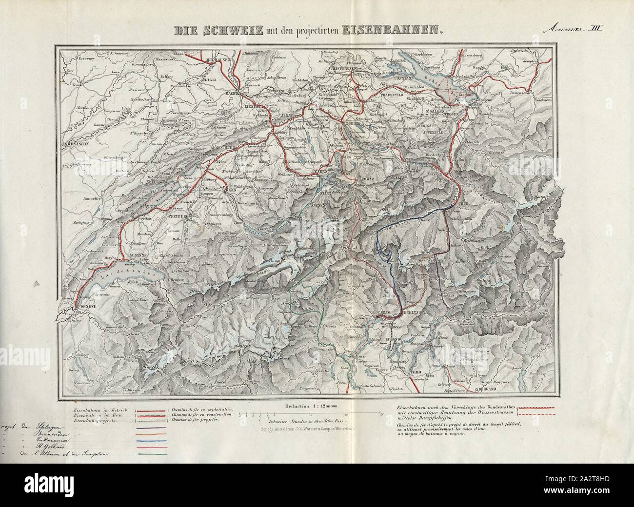 Die Schweiz mit den projizierten Bahn Schweizer Bahn Linien nach dem Vorschlag des Bundesrates, Abb. 1, 1852, Chemin de Fer des Alpes. Rapport sur la ligne la plus convenable pour la construction d'un Chemin de fer destiné à relier En traversant les Alpes et la Suisse, Les Chemins de fer du Pièmont avec ceux du Rhin et de l'Allemagne. [U.a.]: n. n., 1851 Stockfoto