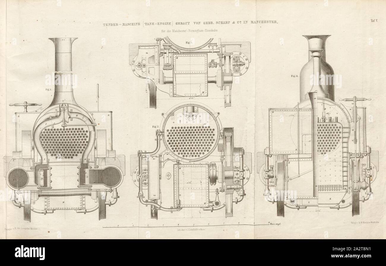 Ausschreibung Motor Tank Motor gebaut von Gebr. Scharp, Lokomotive der Sharp, Roberts und Unternehmen in Manchester, unterzeichnet: Heusinger v., W, Lith., v, J.; Lehnhardt Verlag v., Ch.W. Kreidel, Platte V, nach S. 175, heusinger von Waldegg, Edmund; Lith. Anstalt von J. Lehnhardt (Lith.); Christian Wilhelm Kreidel Verlag (Hrsg.), Edmund Heusinger von Waldegg; Wilhelm Clauß: Abbildung und Beschreibung der Locomotive-Maschine: / Beispiele in den Graben und neuesten Constructionen: unter Benutzung der englischen Werke von Tredgold, Kinnear Clark, und der französischen Schriften von Le Chatelier, Flachat, Petiet Stockfoto