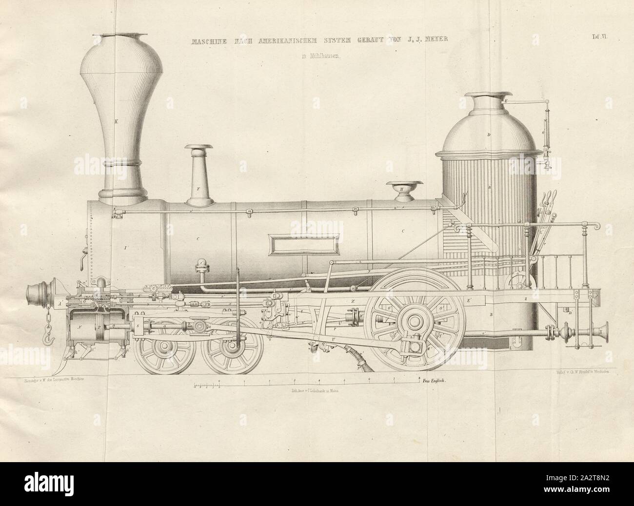 Maschine gebaut nach amerikanischem System v. J.J.Meyer in Mühlhausen 1, Lokomotive nach amerikanischem System durch J.J. Meyer in Mühlhausen, unterzeichnet: Heusinger v., W, Lith., v, J.; Lehnhardt Verlag v., Ch.W. Kreidel, Platte VI, nach S. 175, heusinger von Waldegg, Edmund; Lith. Anstalt von J. Lehnhardt (Lith.); Christian Wilhelm Kreidel Verlag (Hrsg.), Edmund Heusinger von Waldegg; Wilhelm Clauß: Abbildung und Beschreibung der Locomotive-Maschine: / Beispiele in den Graben und neuesten Constructionen: unter Benutzung der englischen Werke von Tredgold, Kinnear Clark, und der französischen Schriften Stockfoto
