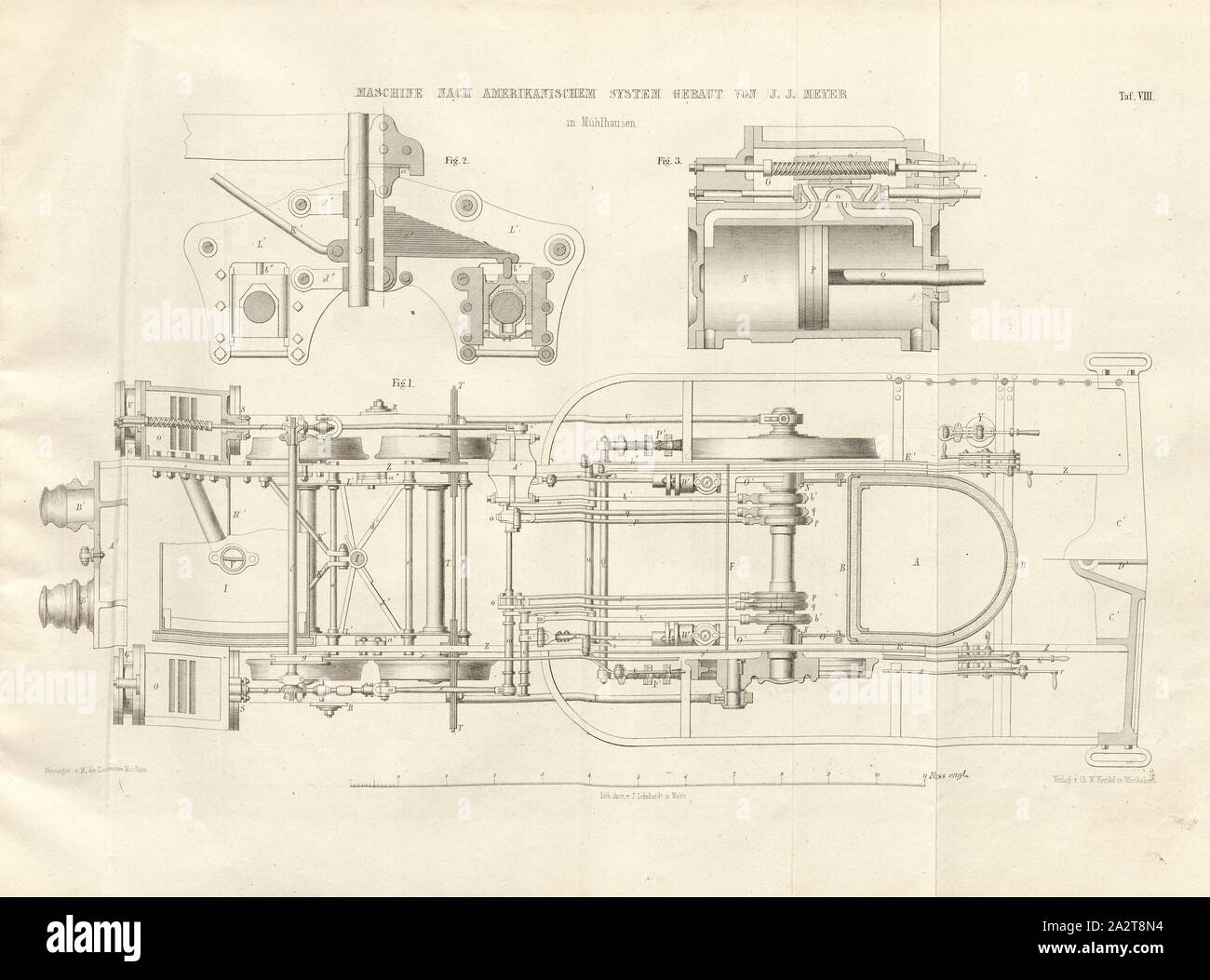 Maschine gebaut nach amerikanischem System v. J.J.Meyer in Mühlhausen 3, Lokomotive nach amerikanischem System durch J.J. Meyer in Mühlhausen, unterzeichnet: Heusinger v. Chr., W, Lith., v, J.; Lehnhardt Verlag v., Ch.W. Kreidel, Platte VIII, nach S. 175, heusinger von Waldegg, Edmund; Lith. Anstalt von J. Lehnhardt (Lith.); Christian Wilhelm Kreidel Verlag (Hrsg.), Edmund Heusinger von Waldegg; Wilhelm Clauß: Abbildung und Beschreibung der Locomotive-Maschine: / Beispiele in den Graben und neuesten Constructionen: unter Benutzung der englischen Werke von Tredgold, Kinnear Clark, und der französischen Stockfoto