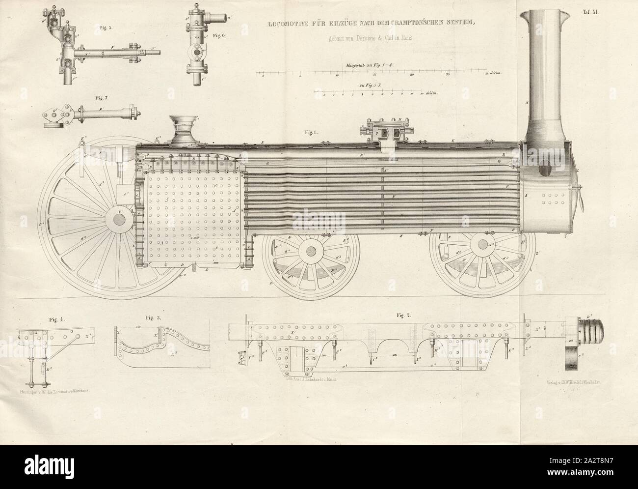 Lokomotive für die Schnellzüge nach dem Crampton System durch Derosne, Lokomotive, die nach der Methode der Crampton, unterzeichnet: Heusinger v. Chr., W, Lith., v, J.; Lehnhardt Verlag v., Ch.W. Kreidel, Platte XI, nach S. 175, heusinger von Waldegg, Edmund; Lith. Anstalt von J. Lehnhardt (Lith.); Christian Wilhelm Kreidel Verlag (Hrsg.), Edmund Heusinger von Waldegg; Wilhelm Clauß: Abbildung und Beschreibung der Locomotive-Maschine: / Beispiele in den Graben und neuesten Constructionen: unter Benutzung der englischen Werke von Tredgold, Kinnear Clark, und der französischen Schriften von Stockfoto