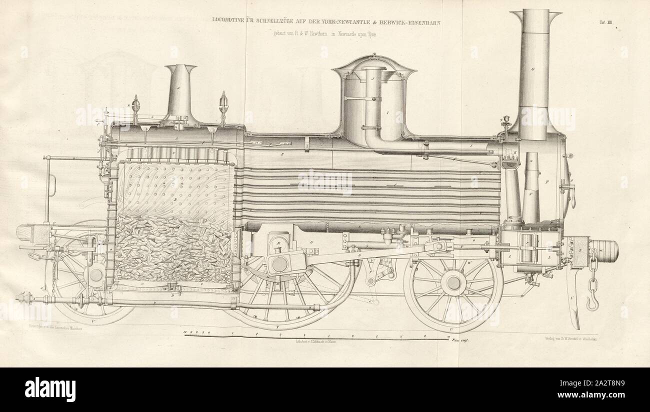 Lokomotive für schnelle Züge auf der York-Newcastle, Lokomotive nach dem Entwurf von R&W Hawton, unterzeichnet: Heusinger v., W, Lith., v, J.; Lehnhardt Verlag v., Ch.W. Kreidel, Platte XIII, nach S. 175, heusinger von Waldegg, Edmund; Lith. Anstalt von J. Lehnhardt (Lith.); Christian Wilhelm Kreidel Verlag (Hrsg.), Edmund Heusinger von Waldegg; Wilhelm Clauß: Abbildung und Beschreibung der Locomotive-Maschine: / Beispiele in den Graben und neuesten Constructionen: unter Benutzung der englischen Werke von Tredgold, Kinnear Clark, und der französischen Schriften von Le Chatelier, Flachat, Petiet Stockfoto