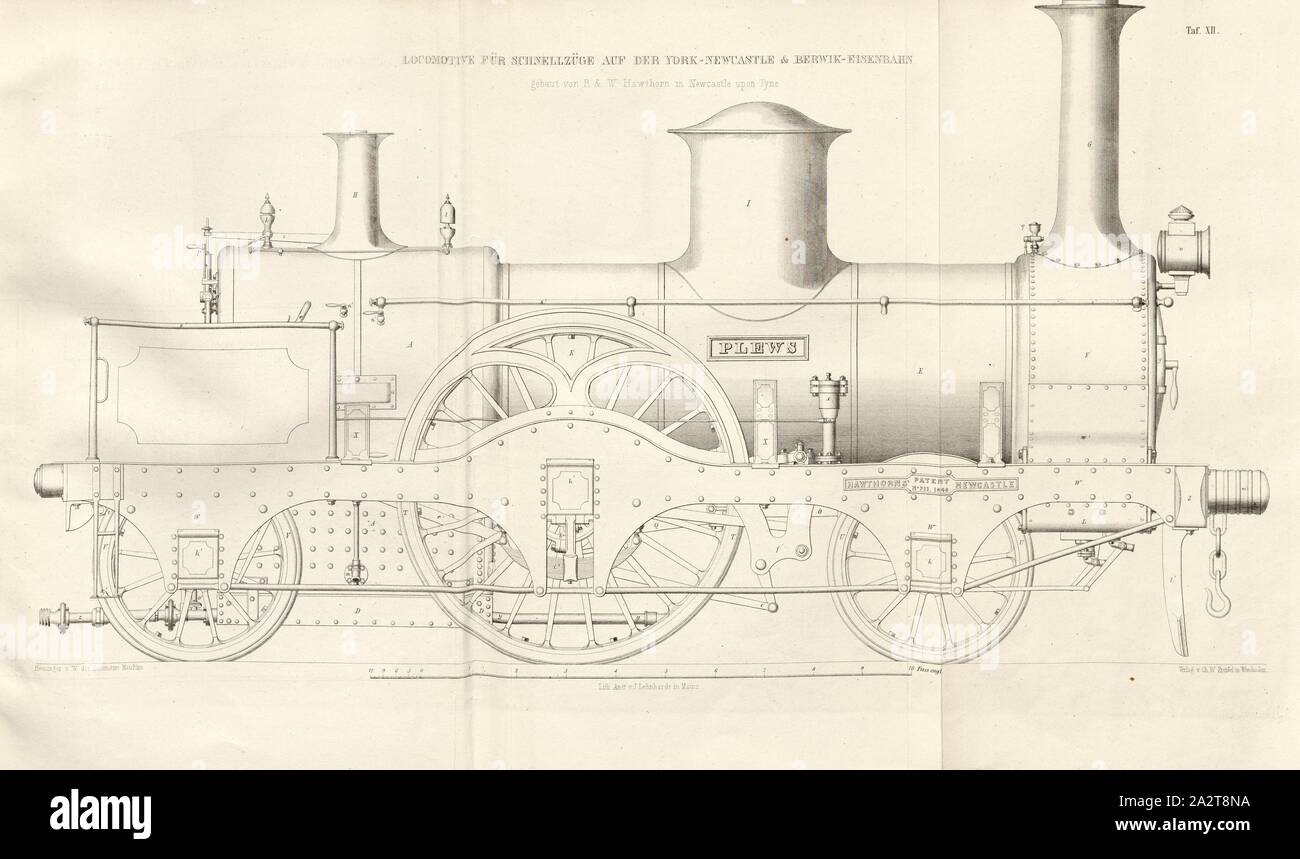 Lokomotive für schnelle Züge auf der York-Newcastle, Lokomotive, entworfen von R&W Hawton, signiert v. Heusinger, W, Lith., v, J.; Lehnhardt Verlag v., Ch.W. Kreidel, Platte XII, nach S. 175, heusinger von Waldegg, Edmund; Lith. Anstalt von J. Lehnhardt (Lith.); Christian Wilhelm Kreidel Verlag (Hrsg.), Edmund Heusinger von Waldegg; Wilhelm Clauß: Abbildung und Beschreibung der Locomotive-Maschine: / Beispiele in den Graben und neuesten Constructionen: unter Benutzung der englischen Werke von Tredgold, Kinnear Clark, und der französischen Schriften von Le Chatelier, Flachat, Petiet, Polonceau, Mathias und Stockfoto