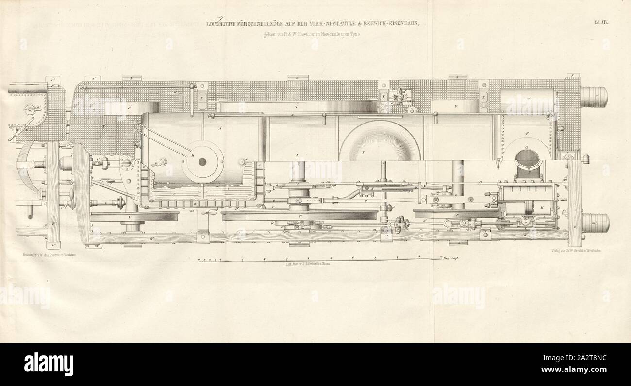Lokomotive für schnelle Züge auf der York-Newcastle, Lokomotive nach dem Entwurf von R&W Hawton, unterzeichnet: Heusinger v., W, Lith., v, J.; Lehnhardt Verlag v., Ch.W. Kreidel, Platte XIV, nach S. 175, heusinger von Waldegg, Edmund; Lith. Anstalt von J. Lehnhardt (Lith.); Christian Wilhelm Kreidel Verlag (Hrsg.), Edmund Heusinger von Waldegg; Wilhelm Clauß: Abbildung und Beschreibung der Locomotive-Maschine: / Beispiele in den Graben und neuesten Constructionen: unter Benutzung der englischen Werke von Tredgold, Kinnear Clark, und der französischen Schriften von Le Chatelier, Flachat, Petiet Stockfoto