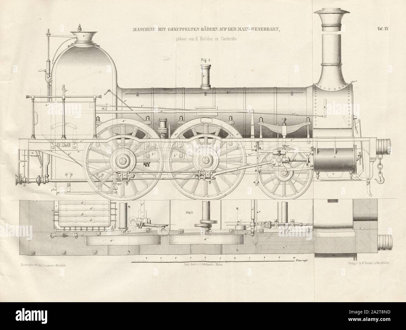 Maschine mit gekoppelten Rädern auf dem Main-Weserbahn, durch E.Kessler in Carlsruhe 1, Lokomotive gebaut mit gekoppelten Räder entsprechend der Bauweise der E.Kessler in Karlsruhe unterzeichnet: Heusinger v., W, Lith., v, J.; Lehnhardt Verlag v., Ch.W. Kreidel, Platte XV, nach S. 175, heusinger von Waldegg, Edmund; Lith. Anstalt von J. Lehnhardt (Lith.); Christian Wilhelm Kreidel Verlag (Hrsg.), Edmund Heusinger von Waldegg; Wilhelm Clauß: Abbildung und Beschreibung der Locomotive-Maschine: / Beispiele in den Graben und neuesten Constructionen: unter Benutzung der englischen Werke von Tredgold, Kinnear Stockfoto