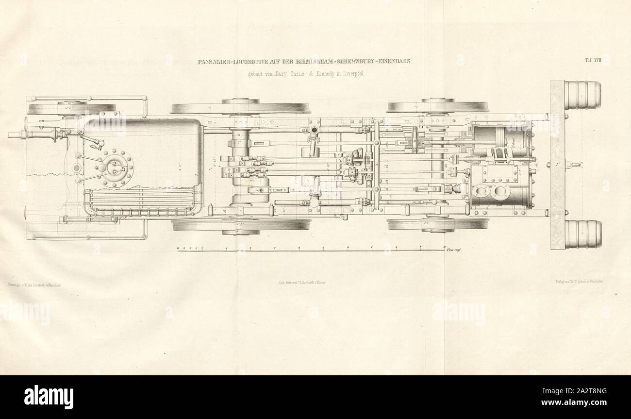 Personenwagen auf der Birmingham-Shrewsbury Railroad von Bury, Curtis, Grundriss einer Lokomotive, erbaut nach der Bauweise von Bury, Curtis und Kennedy in Liverpool, unterzeichnet: Heusinger v. Chr., W, Lith., v, J.; Lehnhardt Verlag v., Ch.W. Kreidel, Platte XVIII, nach S. 175, heusinger von Waldegg, Edmund; Lith. Anstalt von J. Lehnhardt (Lith.); Christian Wilhelm Kreidel Verlag (Hrsg.), Edmund Heusinger von Waldegg; Wilhelm Clauß: Abbildung und Beschreibung der Locomotive-Maschine: / Beispiele in den Graben und neuesten Constructionen: unter Benutzung der englischen Werke von Stockfoto