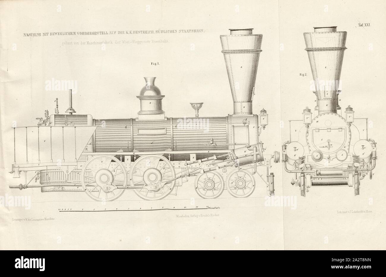 Maschine mit beweglichen vorderen Rahmen auf der K.K. Oestreich. südliche Staatsbahn, die von der Maschinenfabrik des Vienna-Gloggnitzer Eisenbahn gebaut, Lokomotive mit dem Bewegen des vorderen Rahmens nach der Art der Maschine ab Werk Der Wien-Gloggnitzer Bahn, unterzeichnet: Heusinger v. Chr., W, Lith., v, J.; Lehnhardt Verlag v., Ch.W. Kreidel, Platte XXI, nach S. 175, heusinger von Waldegg, Edmund; Lith. Anstalt von J. Lehnhardt (Lith.); Christian Wilhelm Kreidel Verlag (Hrsg.), Edmund Heusinger von Waldegg; Wilhelm Clauß: Abbildung und Beschreibung der Locomotive-Maschine: / Beispiele in den Graben und neuesten Stockfoto