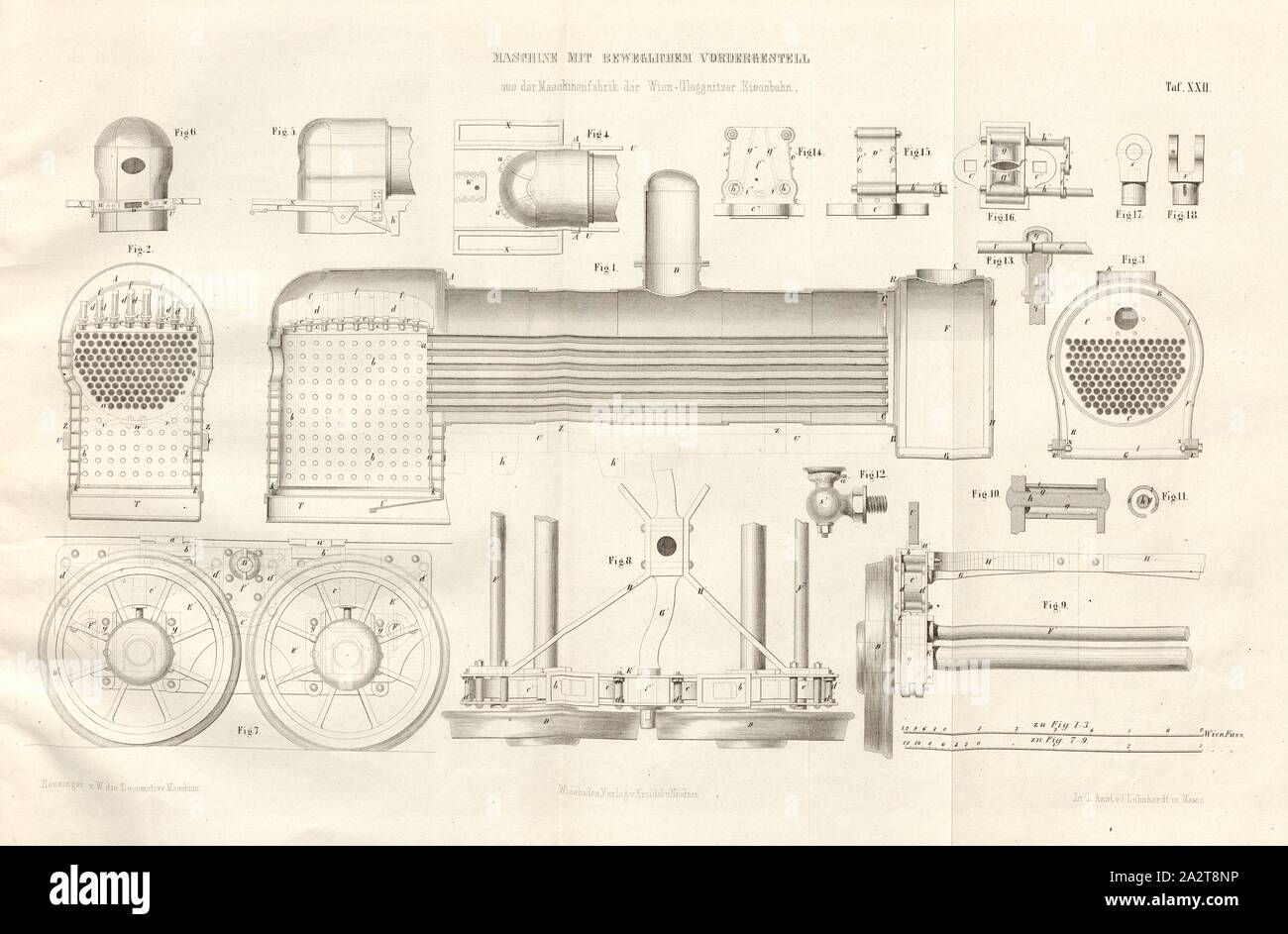 Maschine mit beweglichen frontrahmen aus der Maschinenfabrik des Wien-Gloggnitzer Eisenbahn, Lok mit beweglicher vorderer Rahmen nach der Art der Maschine ab Werk Der Vienna-Gloggnitzer Bahn, unterzeichnet: Heusinger v., W, Lith., v, J.; Lehnhardt Verlag v., Ch.W. Kreidel, Platte XXII, nach S. 175, heusinger von Waldegg, Edmund; Lith. Anstalt von J. Lehnhardt (Lith.); Christian Wilhelm Kreidel Verlag (Hrsg.), Edmund Heusinger von Waldegg; Wilhelm Clauß: Abbildung und Beschreibung der Locomotive-Maschine: / Beispiele in den Graben und neuesten Constructionen: unter Benutzung der englischen Werke Stockfoto