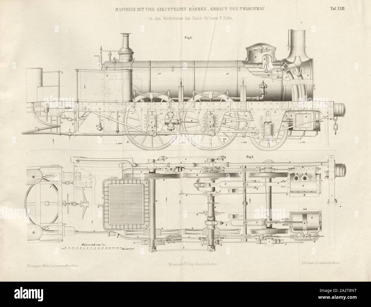4-Maschine mit Rädern von Polonceau in den Werkstätten der Paris-Orleans E.Bahn 1, Lokomotive mit vier Kuppelachsen nach der Art der Konstruktion von Camille Polonceau, unterzeichnet: Heusinger v., W, Lith., v, J.; Lehnhardt Verlag v., Ch.W. Kreidel, Platte XXIII, nach S. 175, heusinger von Waldegg, Edmund; Lith. Anstalt von J. Lehnhardt (Lith.); Christian Wilhelm Kreidel Verlag (Hrsg.), Edmund Heusinger von Waldegg; Wilhelm Clauß: Abbildung und Beschreibung der Locomotive-Maschine: / Beispiele in den Graben und neuesten Constructionen: unter Benutzung der englischen Werke von Tredgold, Kinnear Stockfoto
