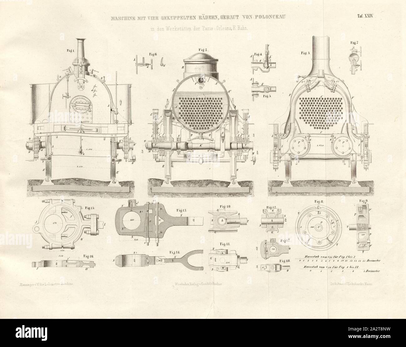 4-Maschine mit Rädern, durch Polonceau in den Werkstätten der Paris-Orleans E.Bahn 2, Lokomotive mit vier Kuppelachsen nach der Art der Konstruktion von Camille Polonceau, unterzeichnet: Heusinger v., W, Lith., v, J.; Lehnhardt Verlag v., Ch.W. Kreidel, Platte XXIV, nach S. 175, heusinger von Waldegg, Edmund; Lith. Anstalt von J. Lehnhardt (Lith.); Christian Wilhelm Kreidel Verlag (Hrsg.), Edmund Heusinger von Waldegg; Wilhelm Clauß: Abbildung und Beschreibung der Locomotive-Maschine: / Beispiele in den Graben und neuesten Constructionen: unter Benutzung der englischen Werke von Tredgold, Kinnear Stockfoto