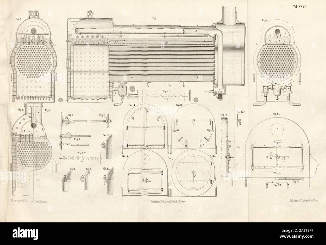 Verschiedene Konstruktionen von neuen Feuer box und Kessel, Kessel- und Firebox von Lokomotiven, unterzeichnet: Heusinger v., W, Lith., v, J.; Lehnhardt Verlag v., Ch.W. Kreidel, Platte XXVI, nach S. 175, heusinger von Waldegg, Edmund; Lith. Anstalt von J. Lehnhardt (Lith.); Christian Wilhelm Kreidel Verlag (Hrsg.), Edmund Heusinger von Waldegg; Wilhelm Clauß: Abbildung und Beschreibung der Locomotive-Maschine: / Beispiele in den Graben und neuesten Constructionen: unter Benutzung der englischen Werke von Tredgold, Kinnear Clark, und der französischen Schriften von Le Chatelier, Flachat, Petiet, Polonceau, Mathias und Stockfoto