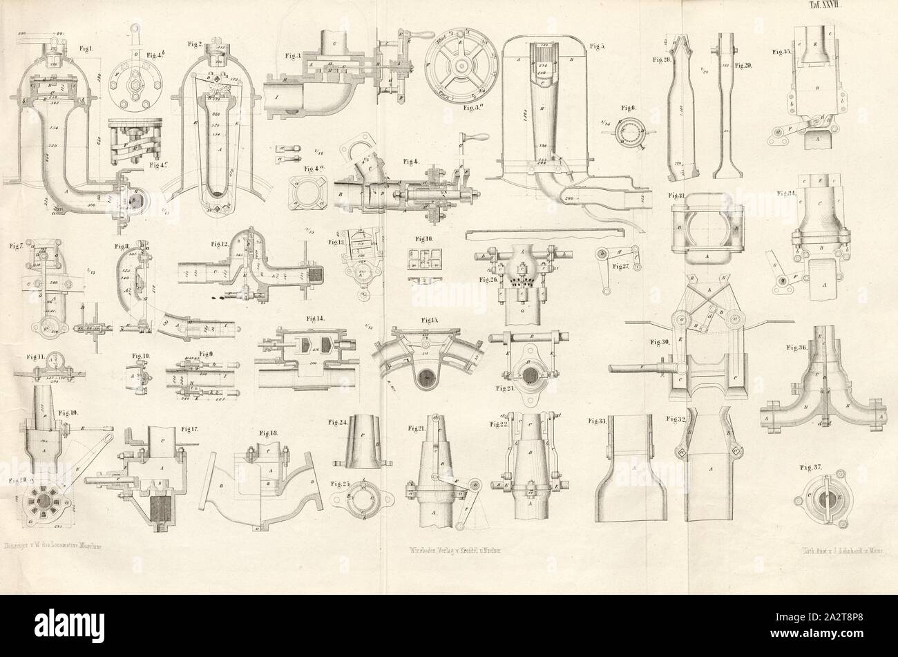 Dampf zufluss Rohre, Regler Apparate und Geräte ..., Dampf zufluss Rohre, Dampfauslass Rohre, blowpipers und Regler Apparate für Lokomotiven, unterzeichnet: Heusinger v. Chr., W, Lith., v, J.; Lehnhardt Verlag v., Ch.W. Kreidel, Platte XXVII, S. 175, heusinger von Waldegg, Edmund; Lith. Anstalt von J. Lehnhardt (Lith.); Christian Wilhelm Kreidel Verlag (Hrsg.), Edmund Heusinger von Waldegg; Wilhelm Clauß: Abbildung und Beschreibung der Locomotive-Maschine: / Beispiele in den Graben und neuesten Constructionen: unter Benutzung der englischen Werke von Tredgold, Kinnear Clark, und der französischen Stockfoto