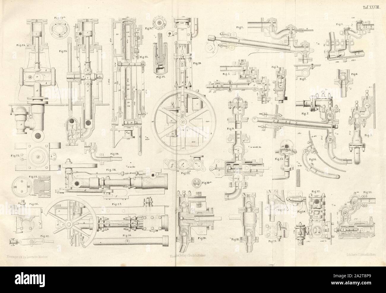 Wasser essen Apparate, Abb. 1-8: Förderpumpen mit langem Hub, Abb. 9-13: Förderpumpen mit kurzer Hub, Abb. 14: Kolben mit einem Kugelgelenk, Abb. Pumpe. 15-16: Absperrhahn für Kesselwasser, Abb. 17-19:, Abb. 20-25: Dampf Pumpen von Lokomotiven, Abb. 26-31: horizontale Dampf Pumpen, unterzeichnet: Heusinger v., W, Lith., v, J.; Lehnhardt Verlag v., Ch.W. Kreidel, Platte XXVIII, nach S. 175, heusinger von Waldegg, Edmund; Lith. Anstalt von J. Lehnhardt (Lith.); Christian Wilhelm Kreidel Verlag (Hrsg.), Edmund Heusinger von Waldegg; Wilhelm Clauß: Abbildung und Beschreibung der Locomotive-Maschine: / Höhle Stockfoto