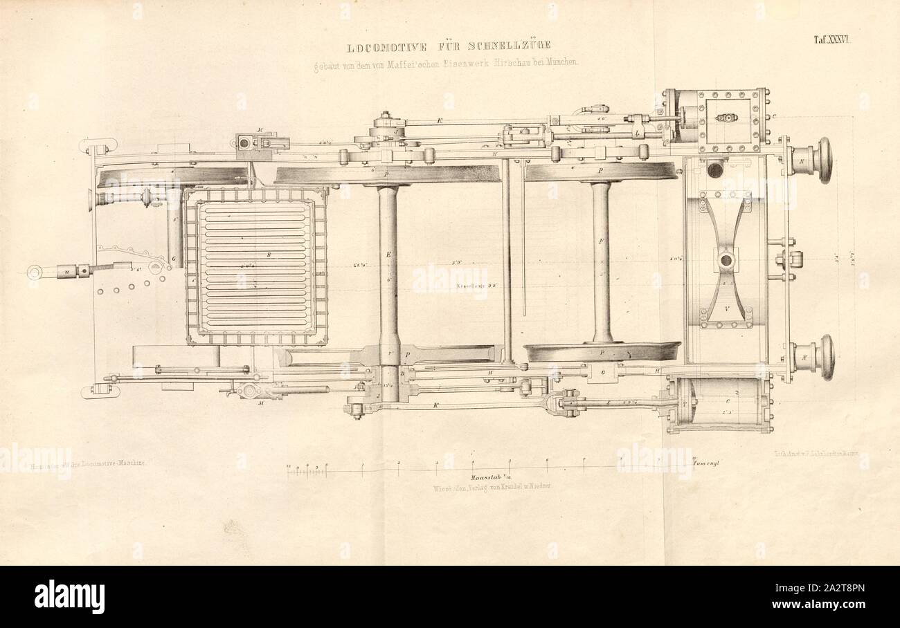 Lokomotive für Schnellzüge von Maffei in Hirschau Eisenhütte in der Nähe von München errichtet, Grundriss, der Kessel Gedanken genommen worden zu sein, Zylinder, Pumpen und Feuer box im Durchschnitt gezeichnet, unterzeichnet: Heusinger v., W, Lith., v, J.; Lehnhardt Verlag v., Ch.W. Kreidel, Platte XXXVI, nach S. 175, heusinger von Waldegg, Edmund; Lith. Anstalt von J. Lehnhardt (Lith.); Christian Wilhelm Kreidel Verlag (Hrsg.), Edmund Heusinger von Waldegg; Wilhelm Clauß: Abbildung und Beschreibung der Locomotive-Maschine: / Beispiele in den Graben und neuesten Constructionen: unter Benutzung der englischen Werke von Tredgold Stockfoto