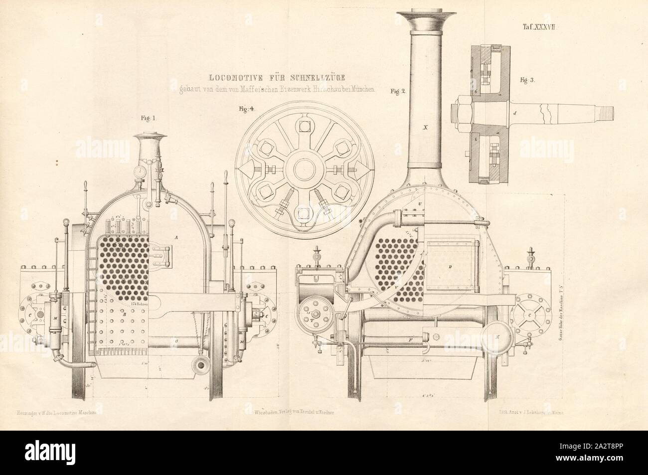 Lokomotive für Schnellzüge von Maffei in Hirschau Eisenhütte in der Nähe von München, Abb. gebaut. 1: Querschnitt durch die firebox, die andere Hälfte als ein Ende der firebox, Abb. 2: Querschnitte durch die Zylinder und die Rauchkammer, Vorderansicht, unterzeichnet: Heusinger v., W, Lith., v, J.; Lehnhardt Verlag v., Ch.W. Kreidel, Platte XXXVII, nach S. 175, heusinger von Waldegg, Edmund; Lith. Anstalt von J. Lehnhardt (Lith.); Christian Wilhelm Kreidel Verlag (Hrsg.), Edmund Heusinger von Waldegg; Wilhelm Clauß: Abbildung und Beschreibung der Locomotive-Maschine: / Höhle und Beispiele Stockfoto