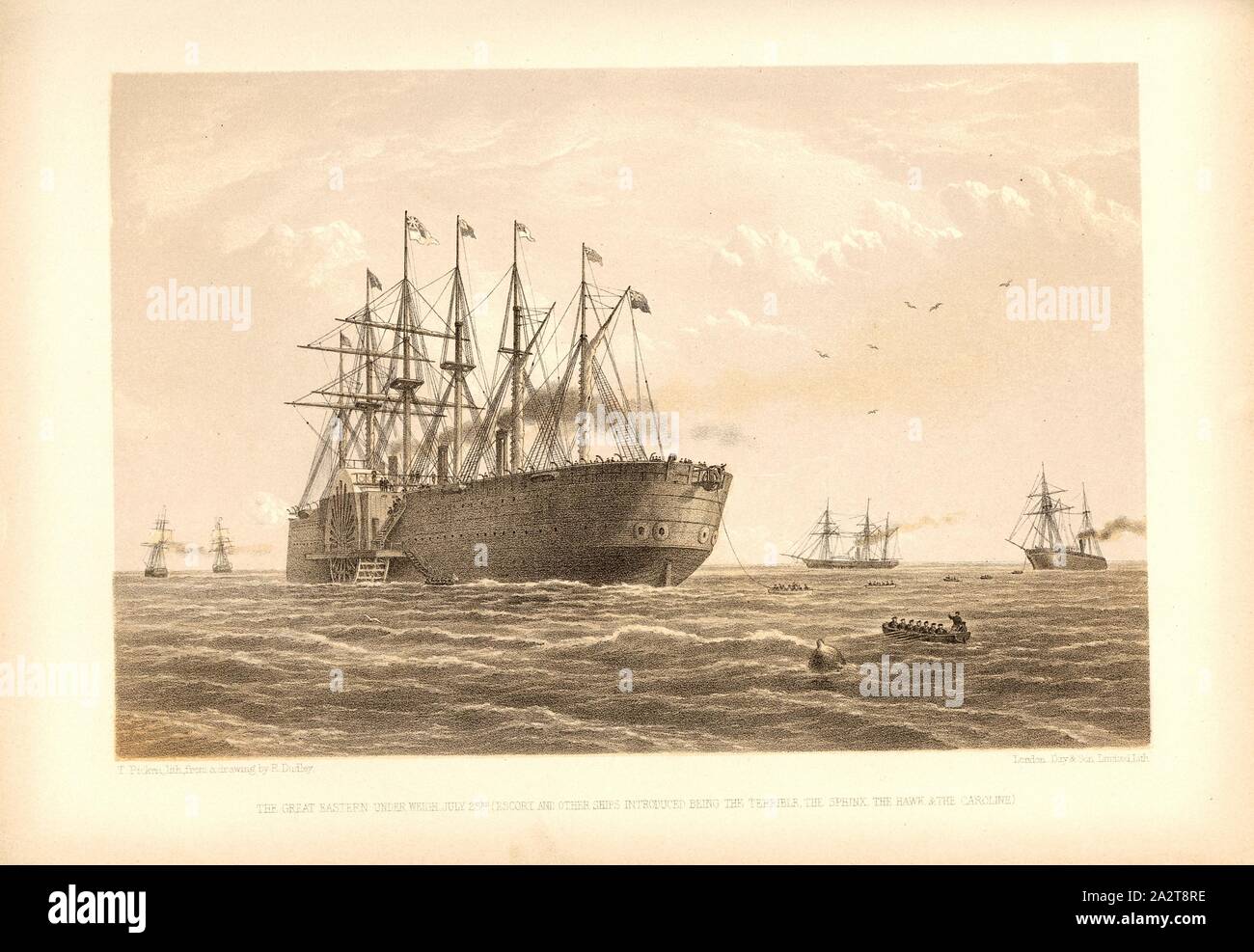 Das Great Eastern unter Wiegen, Juli 23 (Escort und andere Schiffe, die Schreckliche, die Sphinx, der Hawk eingeführt, und der Caroline), Segeldamper Great Eastern mit Escorts am 23. Juli 1865 zur Festlegung der transatlantische Kabel, unterzeichnet: T. Picken, Lith., aus einer Zeichnung von R. Dudley; London, Tag & Sohn, begrenzte, Lith, Abb. 14, S. 52, Dudley, Robert (Ill.); Picken, Thomas (Lith.); Tag & Co (Lith.), 1866, William Howard Russel; Robert Dudley: Der atlantic Telegraph. Durch besondere Erlaubnis, Seine Königliche Hoheit Prinz Albert Edward von Wales gewidmet. London: Tag und Sohn beschränkt, [1866 Stockfoto