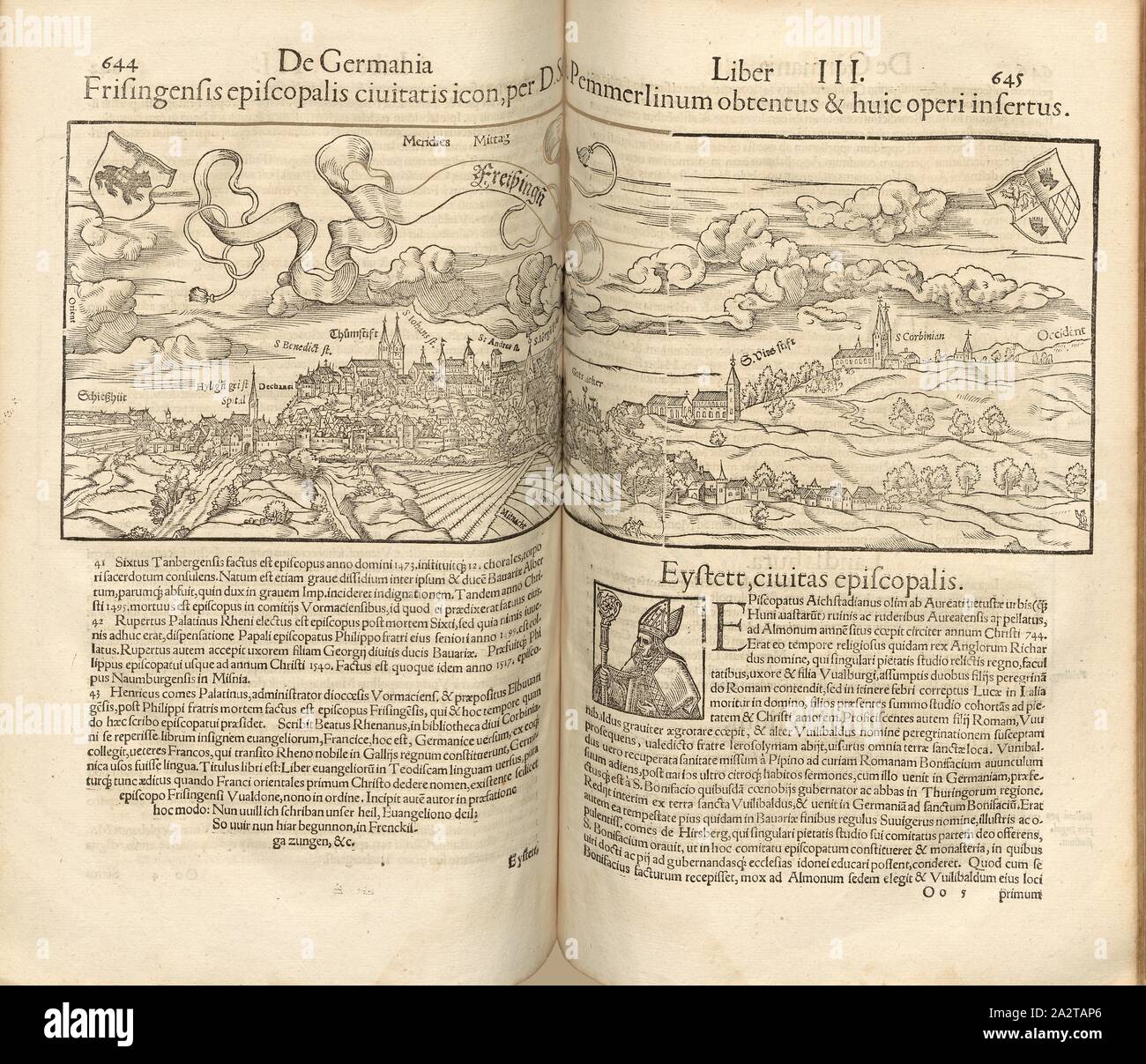 Freising, das Symbol des Bischofs. Von D. Sebast. Pemmerlinum Vorwand, Illustration der Stadt Freisingen aus dem 16. Jahrhundert, Abb. 54, S. 644, 1552, Sebastian Münster: Cosmographiae universalis Lib. Vi in quibus, Iuxta certioris fidei scriptorum traditionem describuntur, Omniu [m] habitabilis Orbis partiu [m] Situs [...] omnium gentium Mores, Fachschulen, religio, Res gestae, mutationes [...]. Liber tertius. [Basel]: [Petri], [1552 Stockfoto