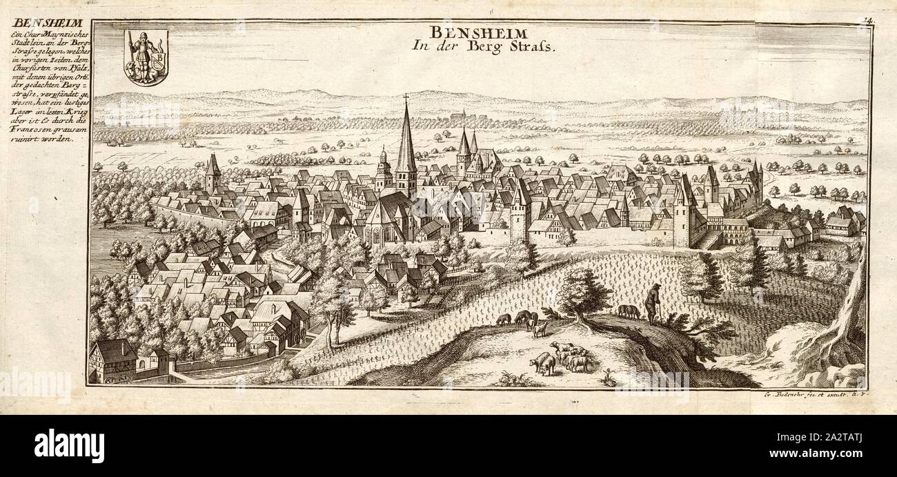 Bensheim, Bensheim in Hessen im Kreis Bergstraße, unterzeichnet: G. Bodenehr fec. et Exc., a., v. Platte 14, S. 14, Gabriel Bodenehr, d. Ä (fec. et exc.), 1710, Gabriel Bodenehr: Europens Pracht und Macht in 200 Kupfer-Stücken: worinnen nicht nur allein sterben berühmtest und Ansehnlichste, sondern auch andere Stätte, Festungen, Schlösser, Klöster, Pässe, Residentien, Palläste, Wasserfälle dises volckreichen Welttheils vermittelst Anmuthiger und eigentlicher Prospecte, Sambt Sonthofen geographischer Beschreibung zu Nuzen u Sonderm. Gemüth vergnügender Ergözung vorgestellet werden. Augspurg: [ Stockfoto