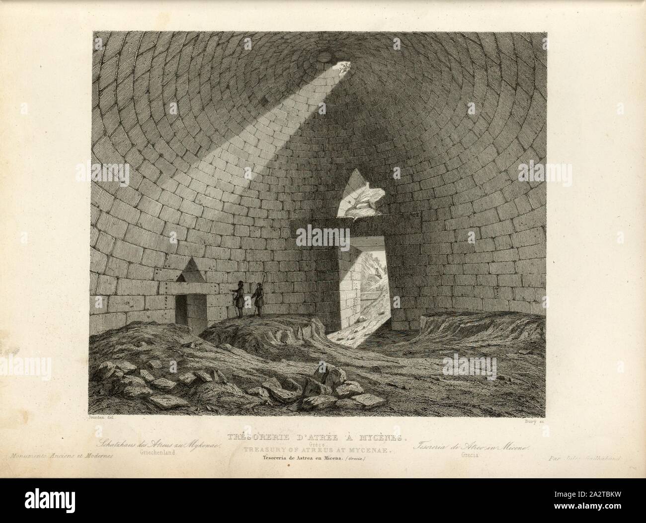 Bargeld von Atrée nach Mykene 2, Treasury von Atreus in Mykene, unterzeichnet: Jourdan (Del.), Bury (sc.), Abb. 14, S. 71, Jourdan (Del.), Bury, J. (sc.), 1853, Jules Gailhabaud: Denkmäler anciens et modernes. Bd. 1, Bl. 1. Paris: Librairie de Firmin Didot Freres, 1853 Stockfoto