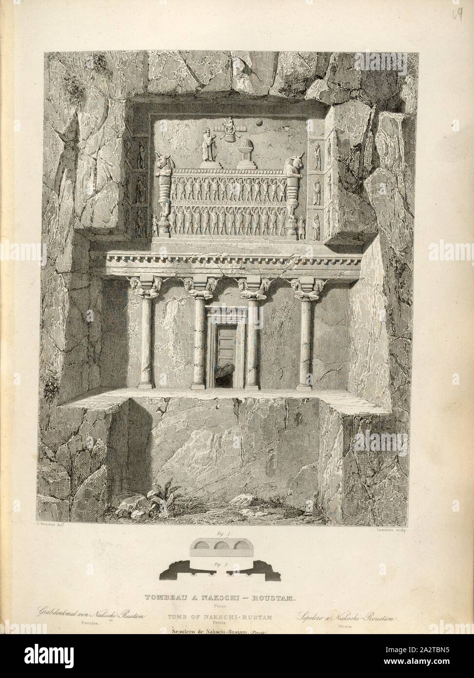 Grab in Nakschi-Rustam, Grab von Darius II. Naqsh-e Rostam im Iran, unterzeichnet: J. Bouchet (Del.) Lemaitre (sculp.), Abb. 45, S. 209, 1853, Jules Gailhabaud: Denkmäler anciens et modernes. Bd. 1, Bl. 1. Paris: Librairie de Firmin Didot Freres, 1853 Stockfoto