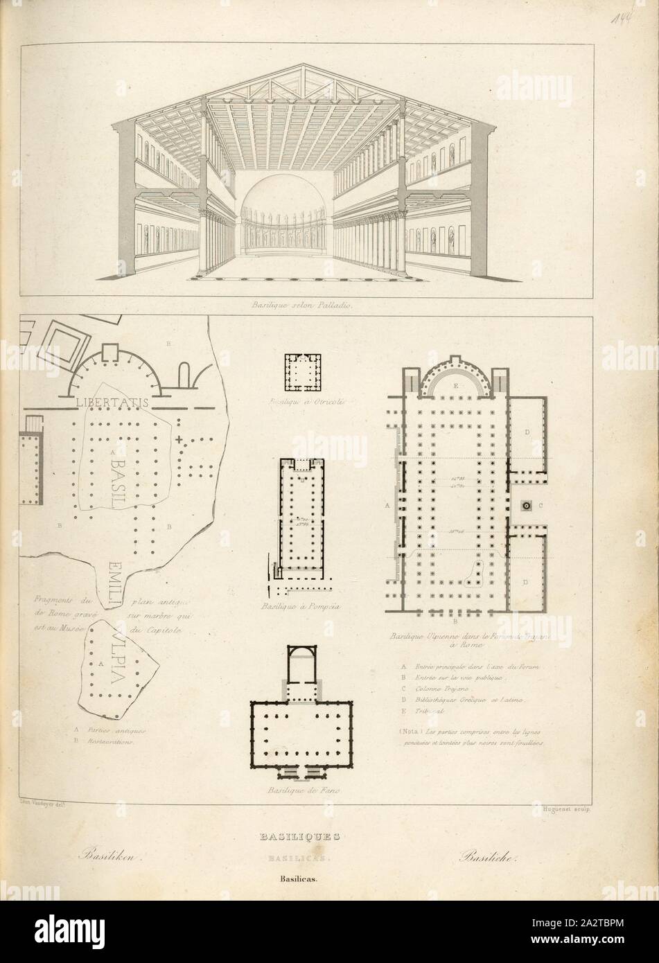 Körbe, Grundrisse der Basilika und der Basilika nach Palladio, unterzeichnet: Léon Vaudoyer (Del.); Huguenet (sculp.), Abb. 86, S.359, Vaudoyer, Léon (Del.); Huguenet (sc.), 1853, Jules Gailhabaud: Denkmäler anciens et modernes. Bd. 1, Bl. 1. Paris: Librairie de Firmin Didot Freres, 1853 Stockfoto