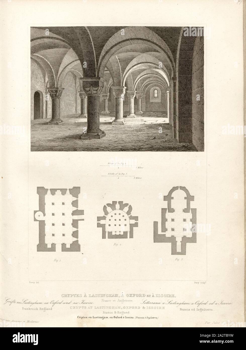 Krypten an Lastingham, Oxford und Issoire. Frankreich und England, die Krypta von St. Mary's Church in Lastingham, mit Plan und das Layout der Krypta der Abteikirche Saint-Austremoine in Issoire und St Peter-in-der-Kirche in Oxford, unterzeichnet: Berty del, Bury sculp, Abb. 78, S. 255, Berty, Adolphe (Del.); Bury, Jean Baptiste Marie (sc.), 1853, Jules Gailhabaud: Denkmäler anciens et modernes: Sammlung Formant une histoire de l'architecture des différents peuples à toutes les Epochen. Paris: Librairie de Firmin Didot Freres, 1853 Stockfoto