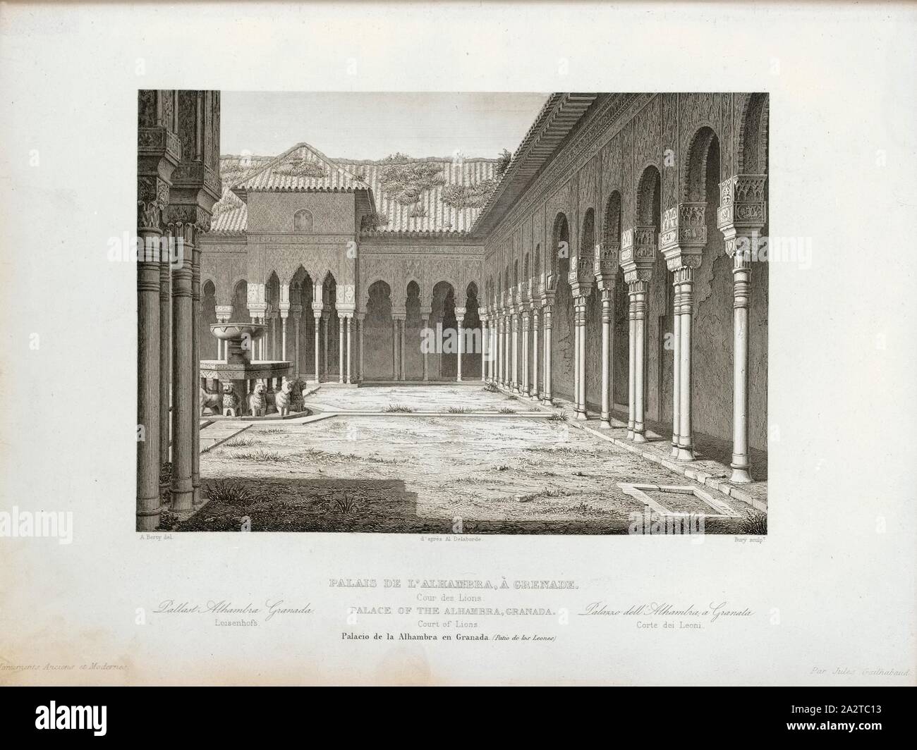 Palast der Alhambra, Granada. Löwen Hof, Hof Lion's in der Alhambra in Granada, unterzeichnet: A. Berty del, d'après u.a., Dela, Borde, Bury sculp, Pl., 10, Laborde, Alexandre de (Inv.); Berty, Adolphe (Del. d'après Alexandre de Laborde); Bury, Jean Baptiste Marie (sc.), 1853, Jules Gailhabaud: Denkmäler anciens et modernes: Sammlung Formant une histoire de l'architecture des différents peuples à toutes les Epochen. Paris: Librairie de Firmin Didot Freres, 1853 Stockfoto