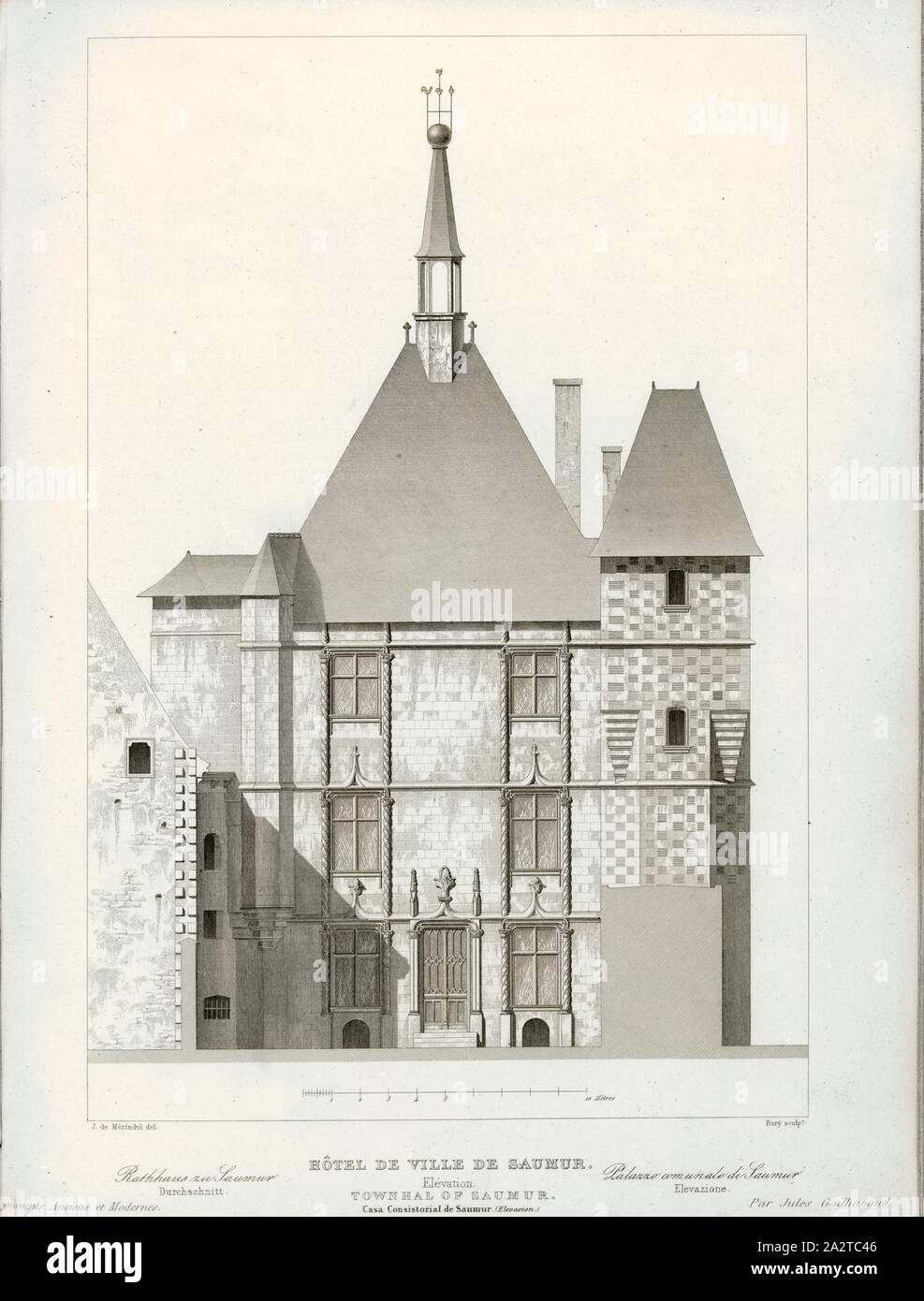 Rathaus der Stadt Saumur. Elevation, Rathaus in Saumur, unterzeichnet: J. de Mérindol del, Bury sculp, Pl., 88, Merindol, Jules Charles Joseph de (Del.); Bury, Jean Baptiste Marie (sc.), 1853, Jules Gailhabaud: Denkmäler anciens et modernes: Sammlung Formant une histoire de l'architecture des différents peuples à toutes les Epochen. Paris: Librairie de Firmin Didot Freres, 1853 Stockfoto