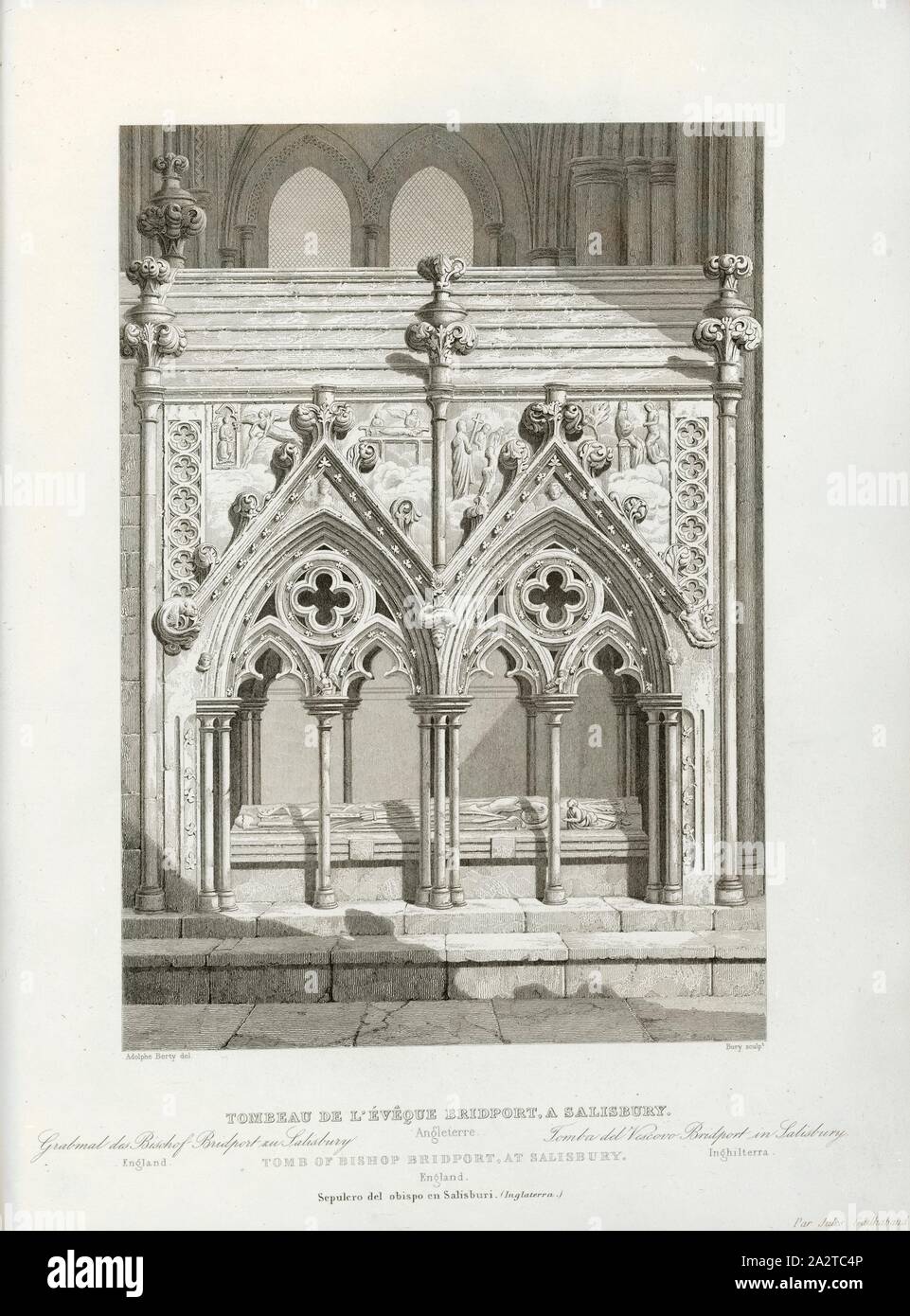 Grab von Bischof Bridport, Salisbury, Grab von Bischof Giles de Bridport (? -1262 in der Kathedrale von Salisbury, unterzeichnet: Adolphe Berty del, Bury sculp, PL. 100, Berty, Adolphe (Del.); Bury, Jean Baptiste Marie (sc.), 1853, Jules Gailhabaud: Denkmäler anciens et modernes: Sammlung Formant une histoire de l'architecture des différents peuples à toutes les Epochen. Paris: Librairie de Firmin Didot Freres, 1853 Stockfoto