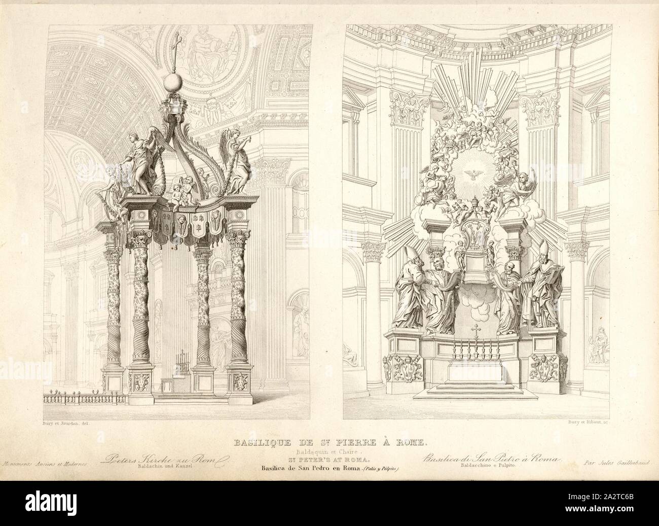 Die Basilika von St. Peter in Rom. Baldachin und Stuhl, Altar in der St. Peter's Basilica (Basilika St. Peter) im Vatikan unterzeichnet: Bury et Jourdan del, Bury et Ribaut sc, Abb. 12, S. 101, Bury, Jean Baptiste Marie (Del. et Sc.); Jourdan, J. (Del.); Ribaut (sc.), 1853, Jules Gailhabaud: Denkmäler anciens et modernes: Sammlung Formant une histoire de l'architecture des différents peuples à toutes les Epochen. Paris: Librairie de Firmin Didot Freres, 1853 Stockfoto