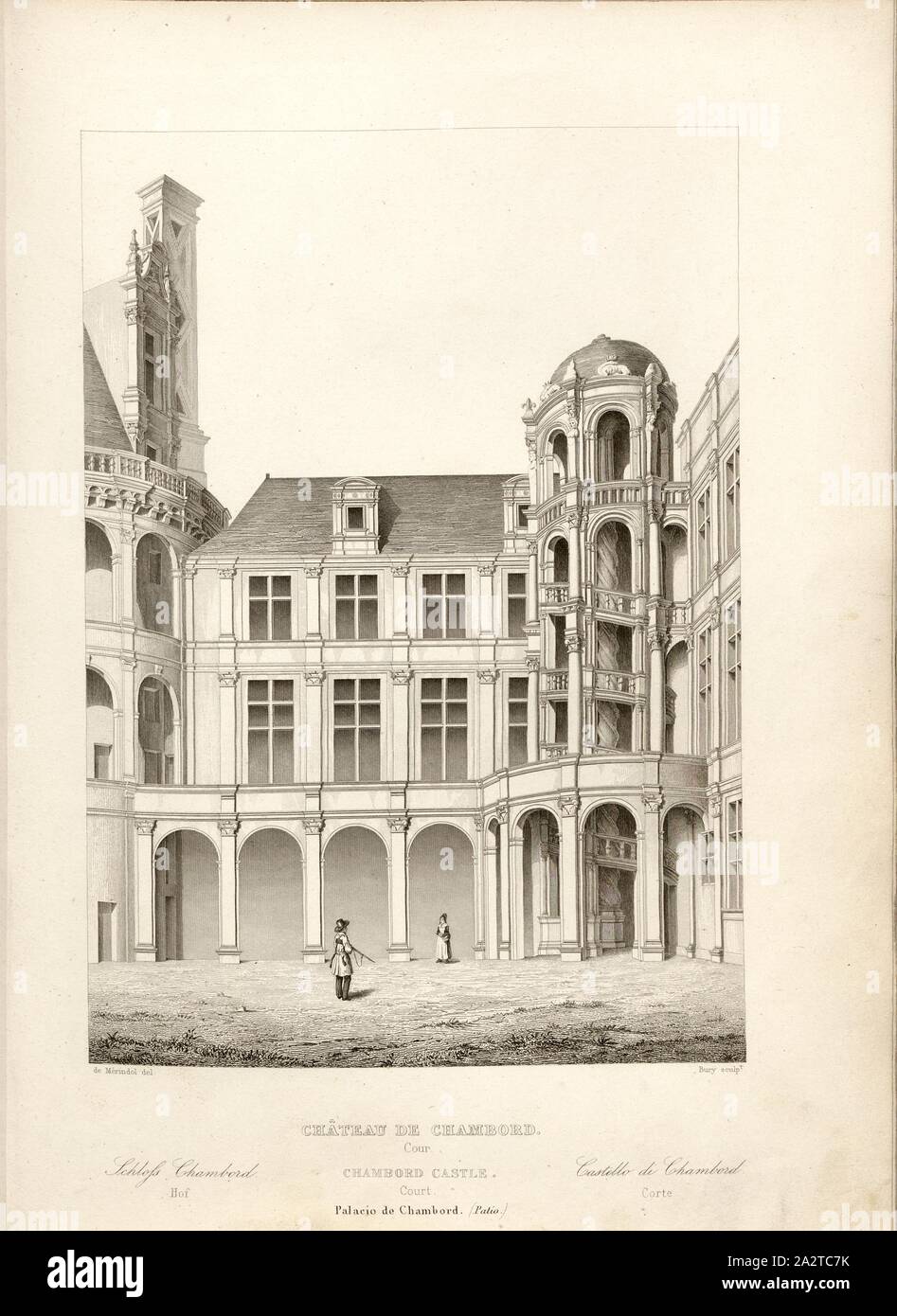 Schloss Chambord. Hof, Innenhof von Schloss Chambord an der Loire, Signiert: de Mérindol del, Bury sculp, Abb. 39, S. 193, Merindol, Jules Charles Joseph de (Del.); Bury, Jean Baptiste Marie (sc.), 1853, Jules Gailhabaud: Denkmäler anciens et modernes: Sammlung Formant une histoire de l'architecture des différents peuples à toutes les Epochen. Paris: Librairie de Firmin Didot Freres, 1853 Stockfoto
