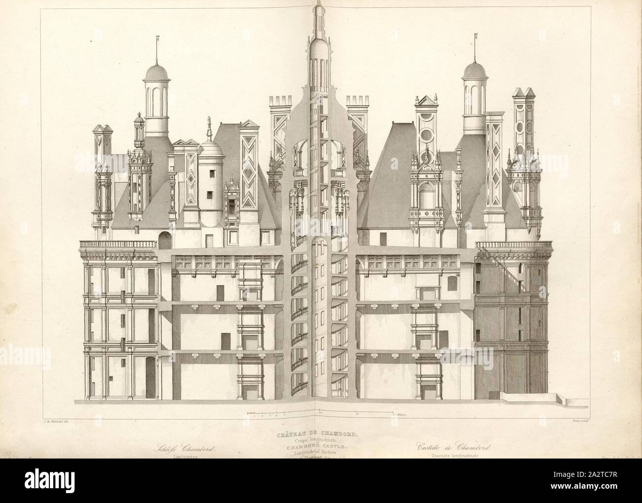 Schloss Chambord. Längsschnitt, Längsschnitt von Schloss Chambord an der Loire, Signiert: de Mérindol del, Bury sculp, Abb. 42, S. 200, Merindol, Jules Charles Joseph de (Del.); Bury, Jean Baptiste Marie (sc.), 1853, Jules Gailhabaud: Denkmäler anciens et modernes: Sammlung Formant une histoire de l'architecture des différents peuples à toutes les Epochen. Paris: Librairie de Firmin Didot Freres, 1853 Stockfoto