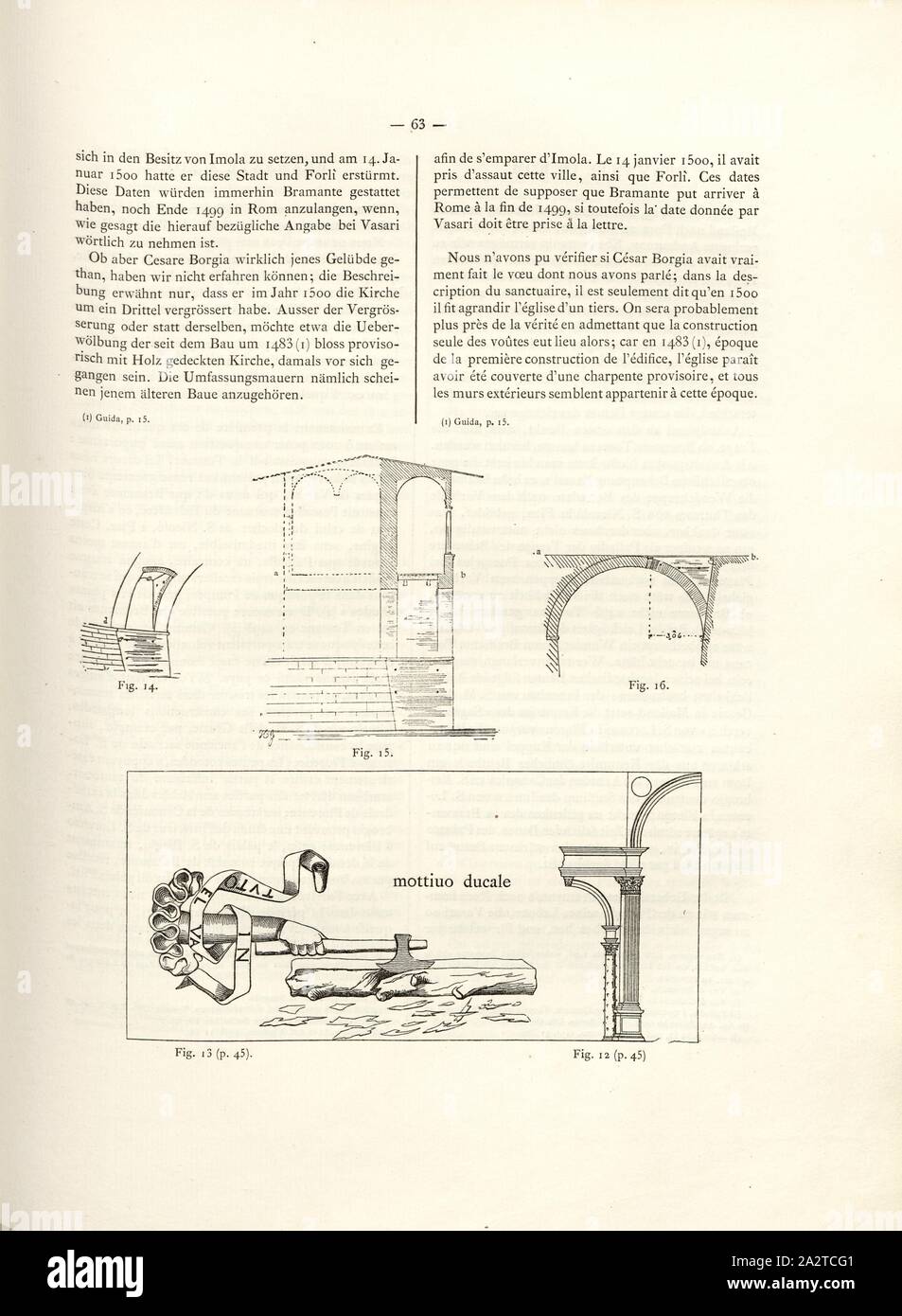 Architektur in Mailand, Abb. 12:Fragment der Canonica di S. Ambrogio in Mailand, Abb. 13: Motto der Familie Sforza, Abb. 14-16: Teile einer überdachten Brücke in Castell nach Mailand, Abb. 12-16, S. 63, Heinrich Geymüller: ursprünglichen Entwürfe für Sanct Peter Sterben in Rom von Bramante, Raphael Santi, Fra Giocondo, den Sangallo u. a.m.: nebst zahlreichen Ergänzungen und einems Texte. Wien: Lehmann und Wentzel; Paris: Verlag von J. Baudry, MDCCCLXXV [1875 Stockfoto