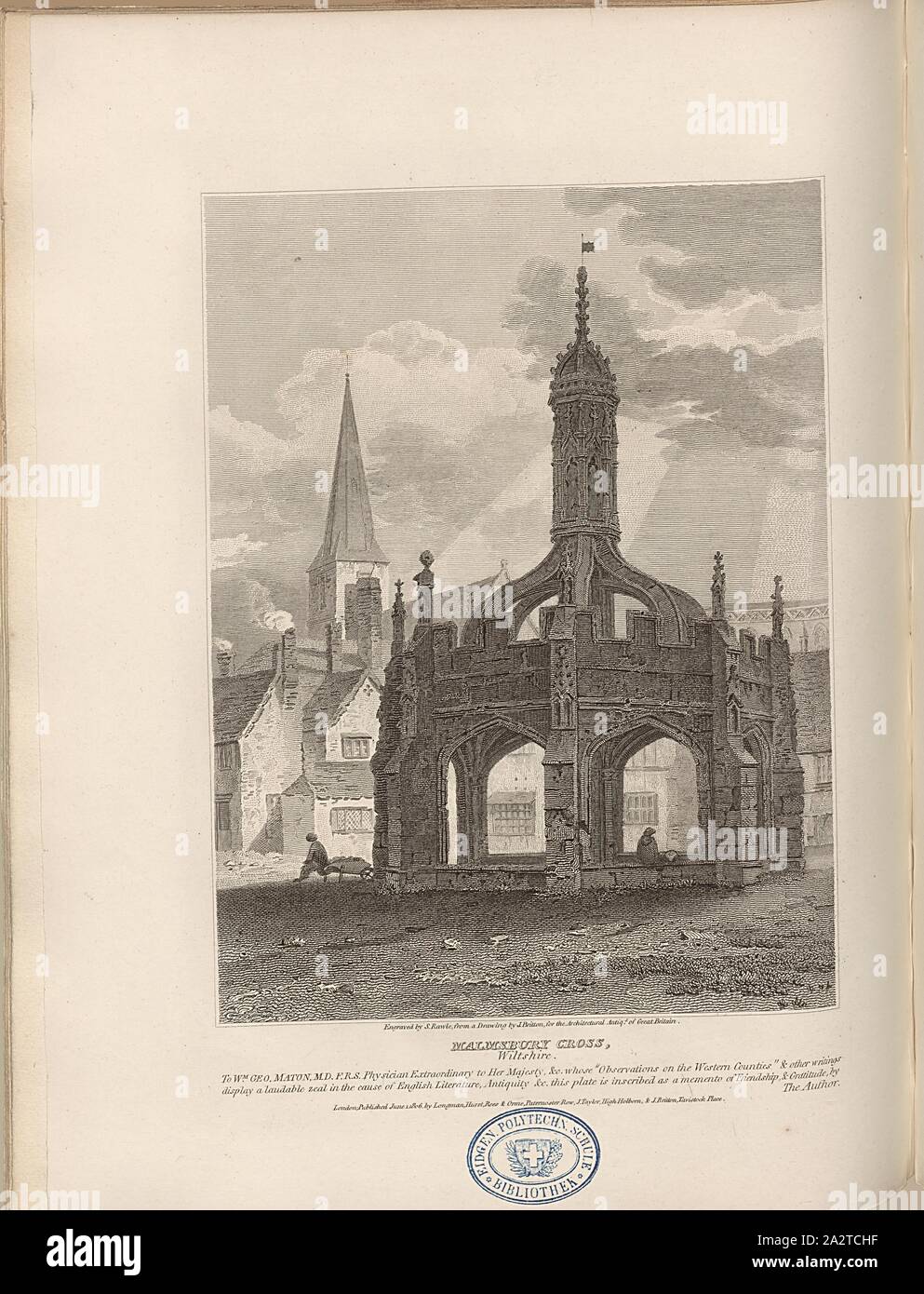 Malmsbury Kreuz, Wiltshire, Malmesbury Market Cross in Malmesbury, unterzeichnet: Von S. Rawle graviert, aus einer Zeichnung von J. Britton, Abb. 33, S. 18, Britton, J. (Zeichnung); Rawle, S. (engr.), 1806, John Britton: Die architektonischen Antiquitäten von Großbritannien: vertreten und in einer Reihe von Ansichten, Ansichten, Pläne, Schnitte und Details der verschiedenen alten englischen Bauten veranschaulicht: mit historischen und beschreibende Konten der einzelnen. Bd. 1, Bl. 1. London: J.Taylor, 1807-1826 Stockfoto