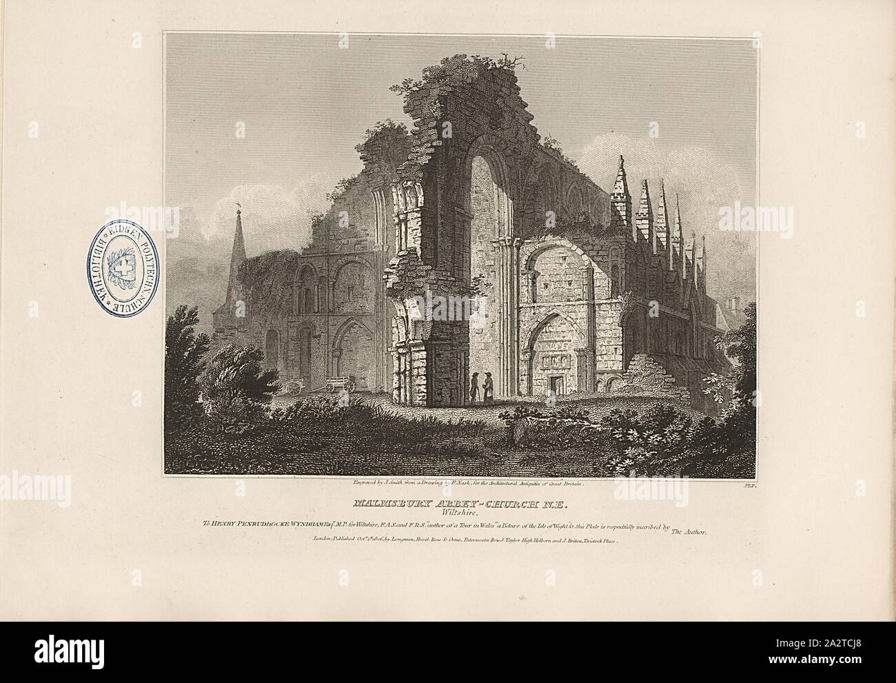Malmesbury Abbey-Church I.N. Wiltshire, Malmsbury Abteikirche, unterzeichnet: von J. Smith aus einer Zeichnung von F. Nash, Abb. graviert. 51, PL. V, nach S.12, Nash, F. (Zeichnung); Smith, J. (engr.), 1806, John Britton: Die architektonischen Antiquitäten von Großbritannien: vertreten und in einer Reihe von Ansichten, Ansichten, Pläne, Schnitte und Details der verschiedenen alten englischen Bauten veranschaulicht: mit historischen und beschreibende Konten der einzelnen. Bd. 1, Bl. 1. London: J.Taylor, 1807-1826 Stockfoto