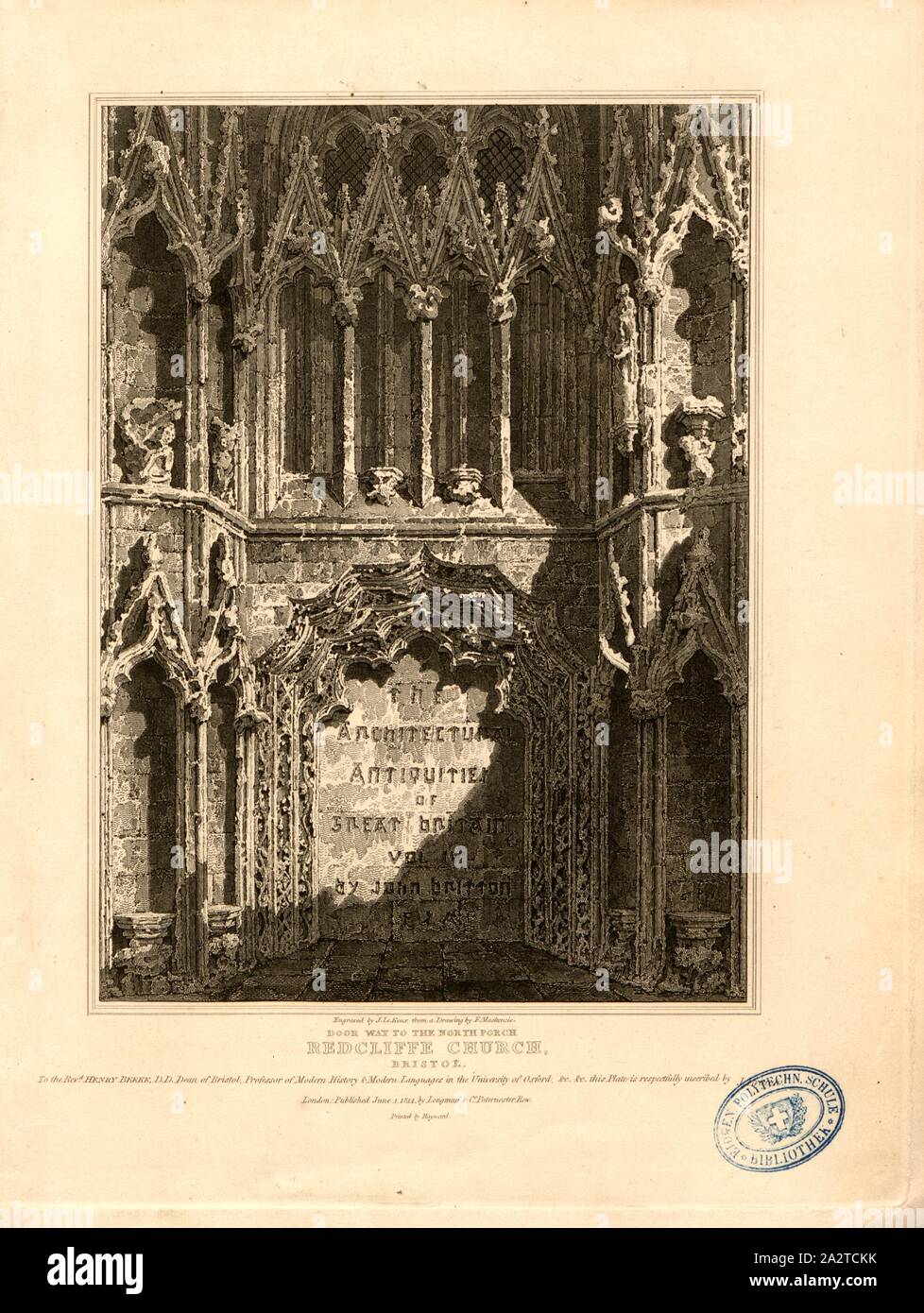 Der Weg in den Norden Veranda Redcliffe Church, Bristol, Portal von St. Mary Redcliffe Kirche in Bristol, unterzeichnet: von J. Le Keux graviert, aus einer Zeichnung von F. Mackenzie; durch Longman & Co, Bild veröffentlicht. 1, Mackenzie, F. (Zeichnung); Keux, John Le (Gravur), Longman & Co (veröffentlicht), 1814, John Britton: Die architektonischen Antiquitäten von Großbritannien: vertreten und in einer Reihe von Ansichten, Ansichten, Pläne, Schnitte und Details der verschiedenen alten englischen Bauten veranschaulicht: mit historischen und beschreibende Konten der einzelnen. Bd. 1, Bl. 4. London: J.Taylor, 1807-1826 Stockfoto