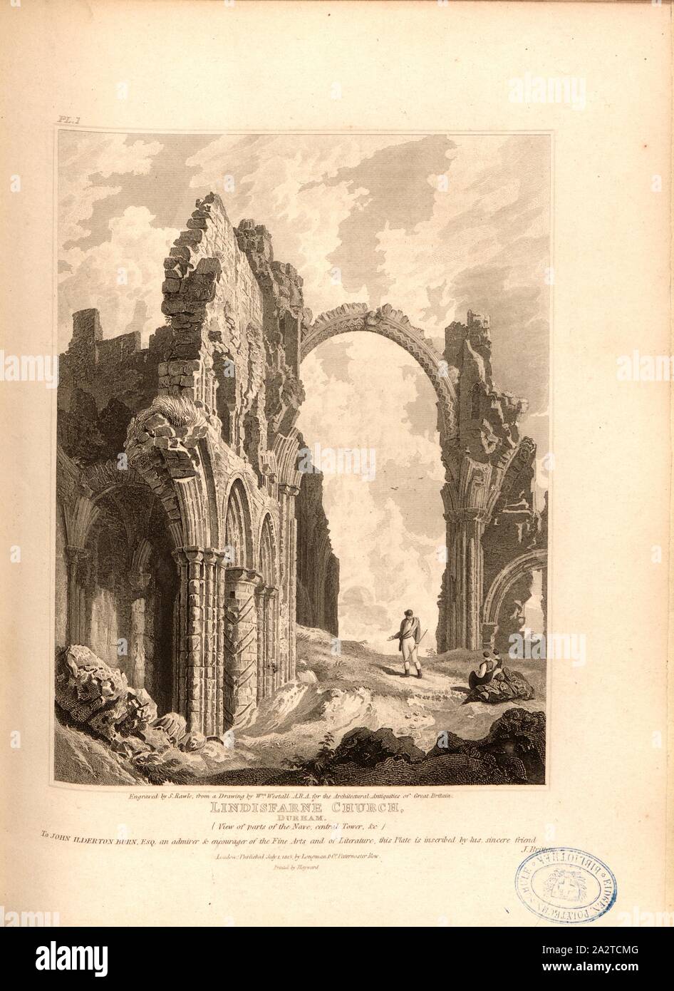Lindisfarne Kirche, Durham Blick auf Teile des Kirchenschiffs, zentralen Turm, Kirche der Lindisfarne Kloster in Northumberland, unterschrieben von S. Rawle graviert, aus einer Zeichnung von W. Westall; durch Longmans & Co, Bild veröffentlicht. 22, PL. Ich, nach S. 80, Westall, William (Zeichnung); Rawle, Samuel (Gravur); Longmans & Co (veröffentlicht), 1813, John Britton: Die architektonischen Antiquitäten von Großbritannien: vertreten und in einer Reihe von Ansichten, Ansichten, Pläne, Schnitte und Details der verschiedenen alten englischen Bauten veranschaulicht: mit historischen und beschreibende Konten der einzelnen. Bd. 1, Bl. 4. London: Taylor, 1807 - J. Stockfoto