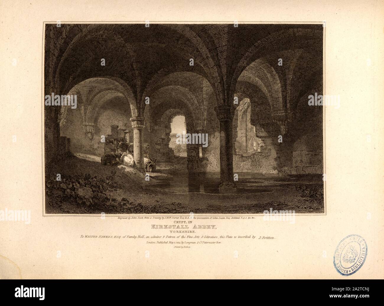 Krypta, in Kirkstall Abbey, Yorkshire, Kirkstall Abbey in Lees, Yorkshire, unterzeichnet: Gestochen von John Scott, aus einer Zeichnung von J.M.W. Turner; durch Longman & Co, Bild veröffentlicht. 46, S. 145, Turner, Joseph Mallord William (Zeichnung); Scott, John (Gravur); Longman & Co (veröffentlicht), 1814, John Britton: Die architektonischen Antiquitäten von Großbritannien: vertreten und in einer Reihe von Ansichten, Ansichten, Pläne, Schnitte und Details der verschiedenen alten englischen Bauten veranschaulicht: mit historischen und beschreibende Konten der einzelnen. Bd. 1, Bl. 4. London: J.Taylor, 1807-1826 Stockfoto