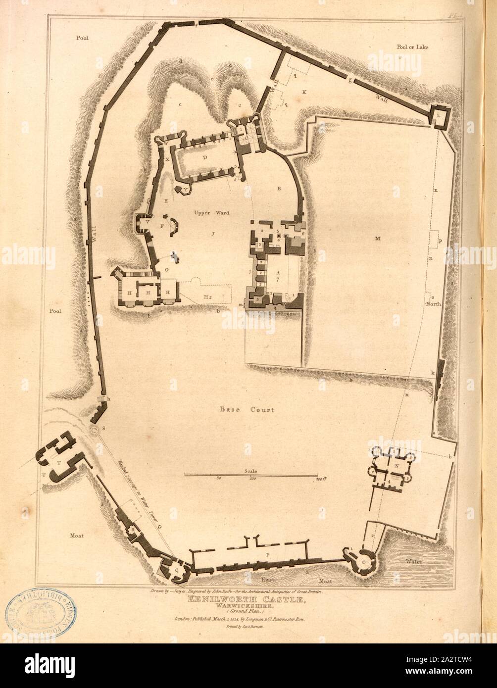 Schloss Kenilworth, Warwickshire Grundriss, Planen von Kenilworth Castle in Warwickshire, unterzeichnet: Gezeichnet von Jeayes, gestochen von John roffe; durch Longman & Co, Bild veröffentlicht. 61, PL. Ich, nach S. 176, Jeayes (Zeichnung); Roffe, John (Gravur); Longman & Co (veröffentlicht), 1814, John Britton: Die architektonischen Antiquitäten von Großbritannien: vertreten und in einer Reihe von Ansichten, Ansichten, Pläne, Schnitte und Details der verschiedenen alten englischen Bauten veranschaulicht: mit historischen und beschreibende Konten der einzelnen. Bd. 1, Bl. 4. London: J.Taylor, 1807-1826 Stockfoto