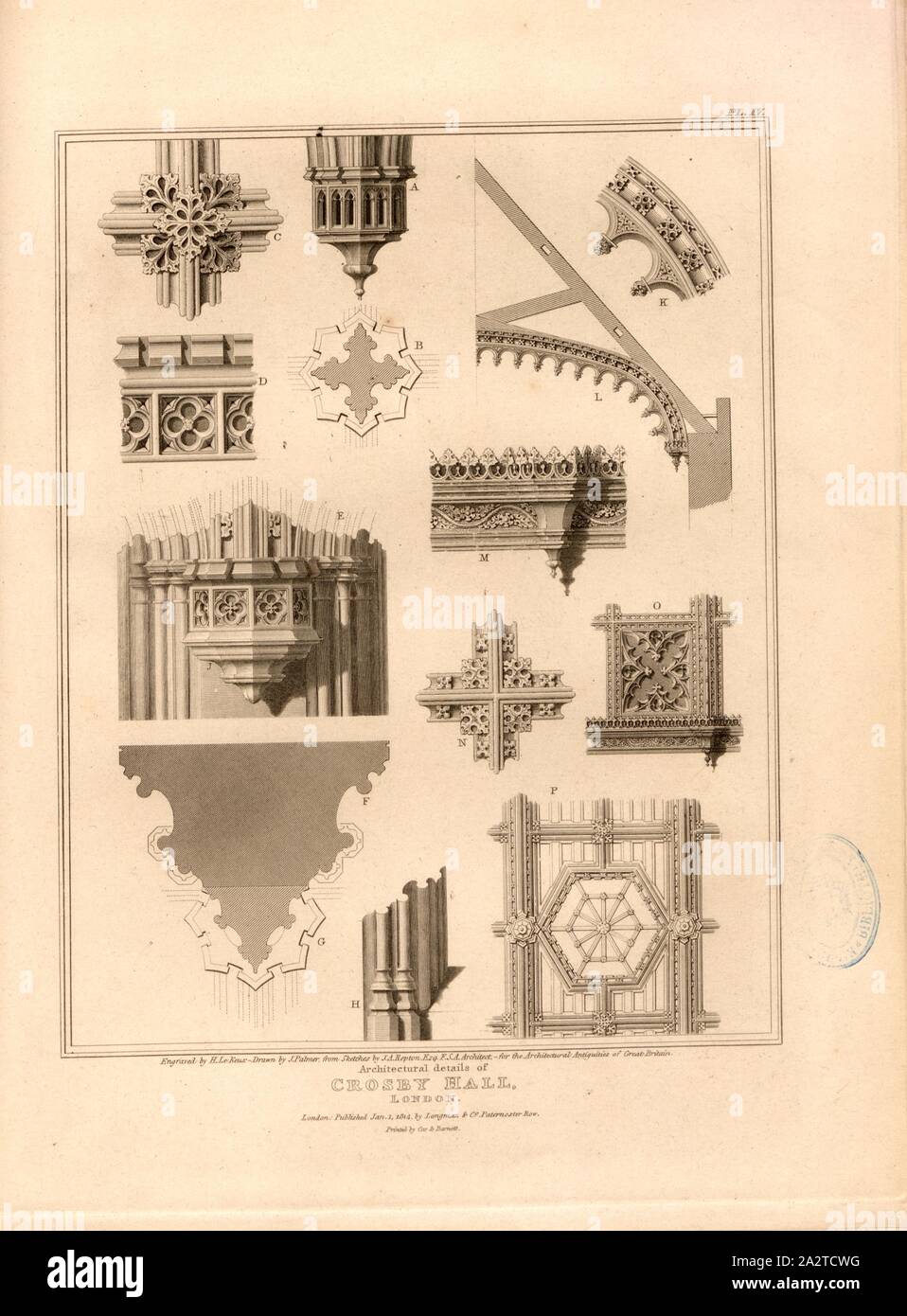 Architektonische Details der Crosby Hall, London, Details der historischen Crosby Hall Gebäude in London unterzeichnet: Gravur von H. Le Keux, gezeichnet von J. Palmer, aus Skizzen von J.A. Repton; durch Longman & Co, Bild veröffentlicht. 70, PL. IV, nach S. 188, Repton, John Alexander (Skizze); Palmer, J. (Zeichnung); Keux, Henry Le (Stecher); Longman & Co (veröffentlicht), 1814, John Britton: Die architektonischen Antiquitäten von Großbritannien: vertreten und in einer Reihe von Ansichten, Ansichten, Pläne, Schnitte und Details der verschiedenen alten englischen Bauten veranschaulicht: mit historischen und beschreibende Konten der einzelnen. Bd. 1, Bl. 4. Stockfoto