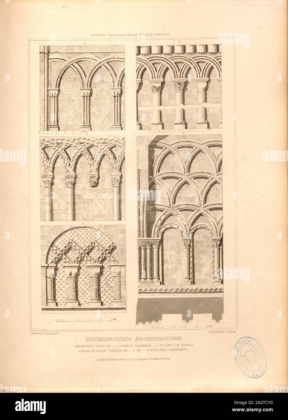 Schneidende Architektur, Bogen des Malmsbury Abteikirche, Norwich Cathedral, St. John's Church Devizes, Wenlock Priory Kapitel und Kirche St. Augustine in Canterbury, unterzeichnet: Gezeichnet von G. Cattermole; von J. Le Keux eingraviert; durch Longman & Co, Bild veröffentlicht. 27, Nach S. 260, Cattermole, George (Zeichnung); Keux, John Le (Gravur); Longman & Co (veröffentlicht), 1819, John Britton: Die architektonischen Antiquitäten von Großbritannien: vertreten und in einer Reihe von Ansichten, Ansichten, Pläne, Schnitte und Details der verschiedenen alten englischen Bauten veranschaulicht: mit historischen und beschreibende Konten von Stockfoto