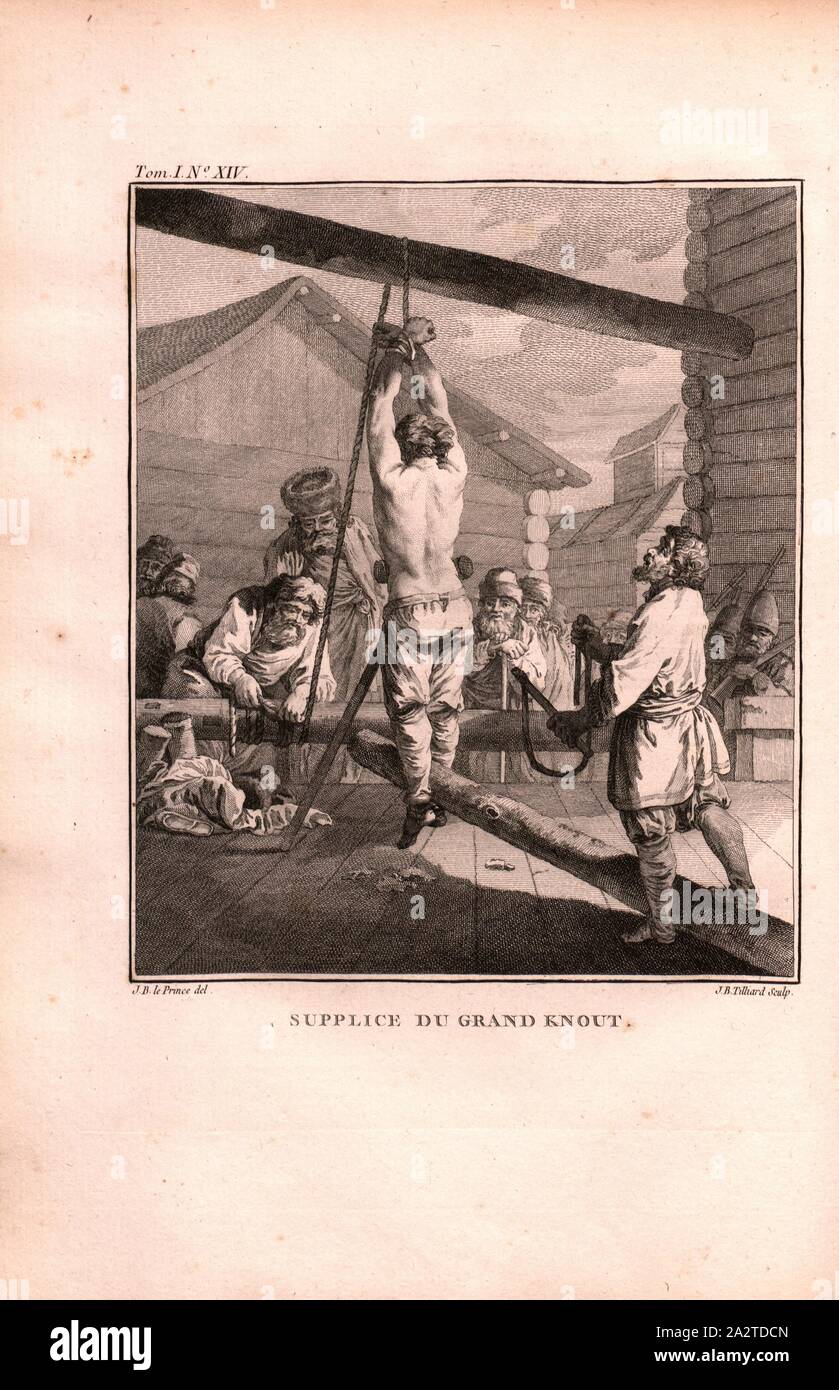 Grand Knute, ein Mann ist auf einem Strahl mit einem Seil durch seine Arme hingen und geschlagen mit einem großen Peitsche, unterzeichnet; J.B., le Prince (Del.), J. B. Tilliard (sculp.), Gravieren, Nr. XIV, nach s. 226 (Vol. 1), Le Prince, Jean-Baptiste; Tilliard, Jean-Baptiste, 1768, Jean Chappe d'Comte d'Auteroche: Voyage de Sibérie fait par ordre du Roy en 1761: Contenant les moeurs, Les usages des Russes, et l'etat Actuel de cette Puissance. Paris: chez Debure, 1768 Stockfoto