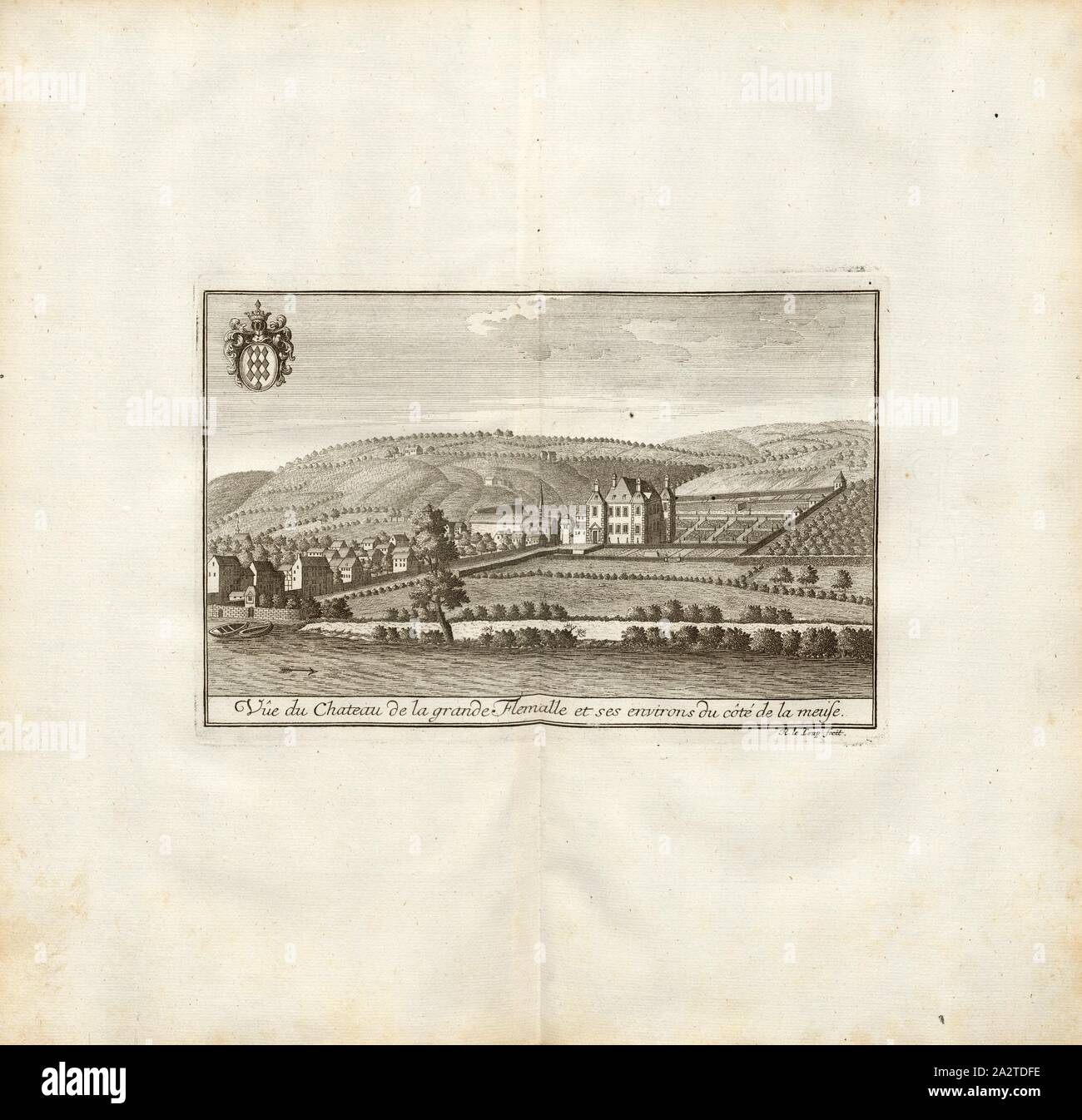 Blick auf das Chateau de la Grande Flemalle und seine Umgebung auf der Seite der Maas, Château de la Grande Flemalle in Flemmale (Belgien), unterzeichnet: R. Le Loup fecit, Abb. 30, Nach S. 340, Leloup, Remacle (FEC), 1744, Les Délices du païs de Liège, ou Beschreibung géographique, topographique et monumens chorographique des sacrés et entweiht de cet Evêché - principauté et de ses Limits. Ouvrage orné d'une Carte générale & de quantité de Planches en Taille-Douce, Contenant les vûës de toutes les Villes, églises, monastères, bauten Öffentlichkeiten, Schlösser & Maisons de campagne de ce païs; avec des Stockfoto