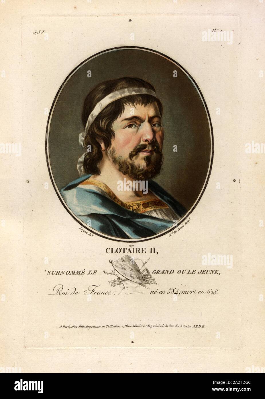 Clotaire II., genannt der Große oder der Junge, Chlothar II., König der Franken, unterzeichnet: Sergent (Del.); Mde, De Cernel (sculp.); chez Blin, J. J.J., nein. 1, Sergent, Antoine Louis François (Del.); Cernel, Marie-Louise - Suzanne Champion de (sc.); Blin (Chez), Antoine François Sergent-Marceau: Porträts des Grands Hommes, femmes illustres et Sujets mémorables de France: gravés imprimés et en couleurs. Dédié Au Roi. Bd. 1, Bl. 1. Paris: chez Blin, Imprimeur en Taille-Douce, [1786-1792 Stockfoto