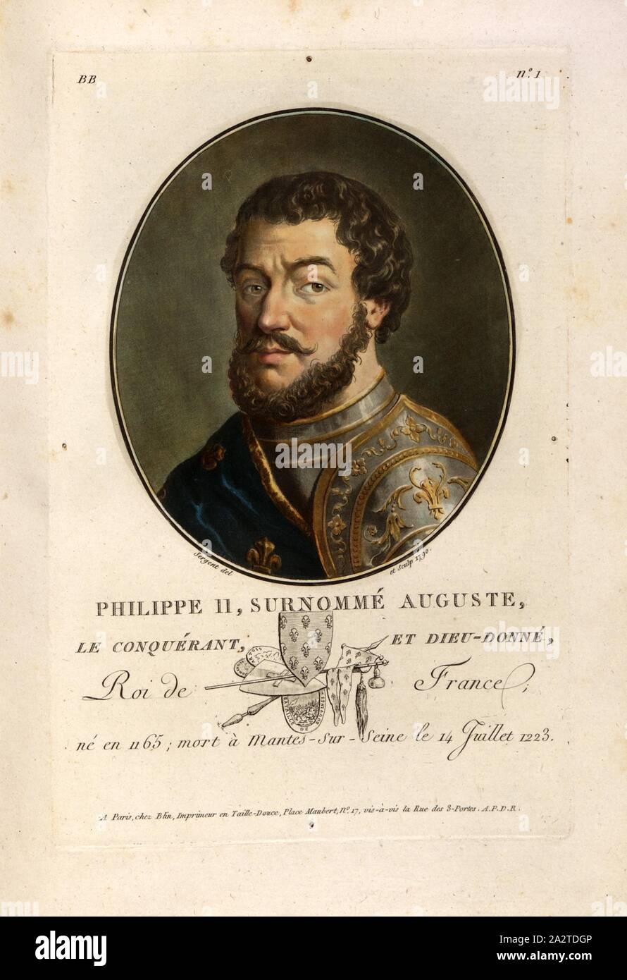 Philipp II., genannt Augustus, der Eroberer, und Gott-gegeben, Philipp II., König von Frankreich, unterzeichnet: Sergent (Del. Et sculp.), Chez Blin, BB. 1, Sergent, Antoine Louis François (Del. et sc.), Blin (Chez), Antoine François Sergent-Marceau: Porträts des Grands Hommes, femmes illustres et Sujets mémorables de France: gravés imprimés et en couleurs. Dédié Au Roi. Bd. 1, Bl. 1. Paris: chez Blin, Imprimeur en Taille-Douce, [1786-1792 Stockfoto